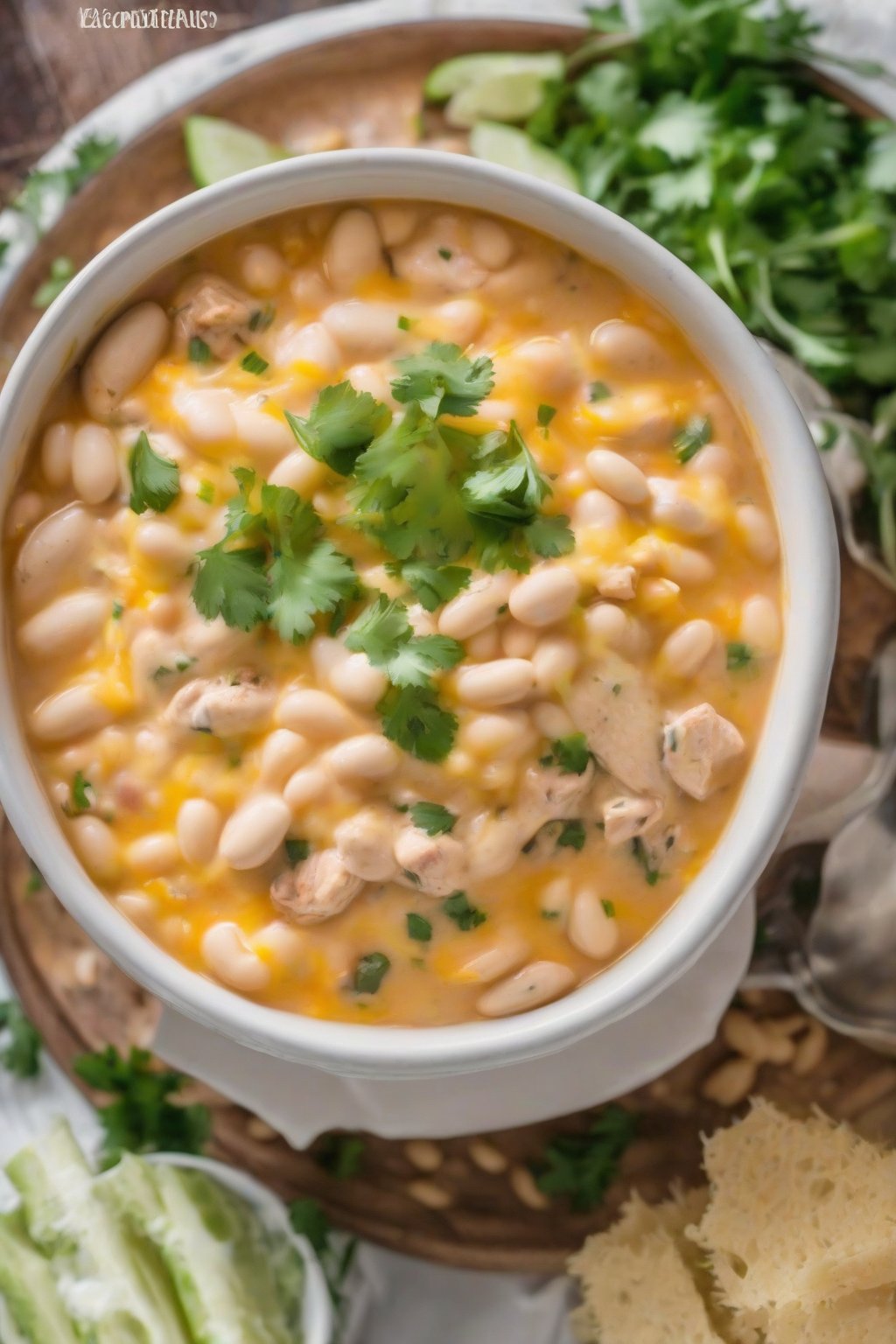 A close-up photo of cheesy white bean chicken chili oozing with melted cheese, in a bowl, under soft lighting.