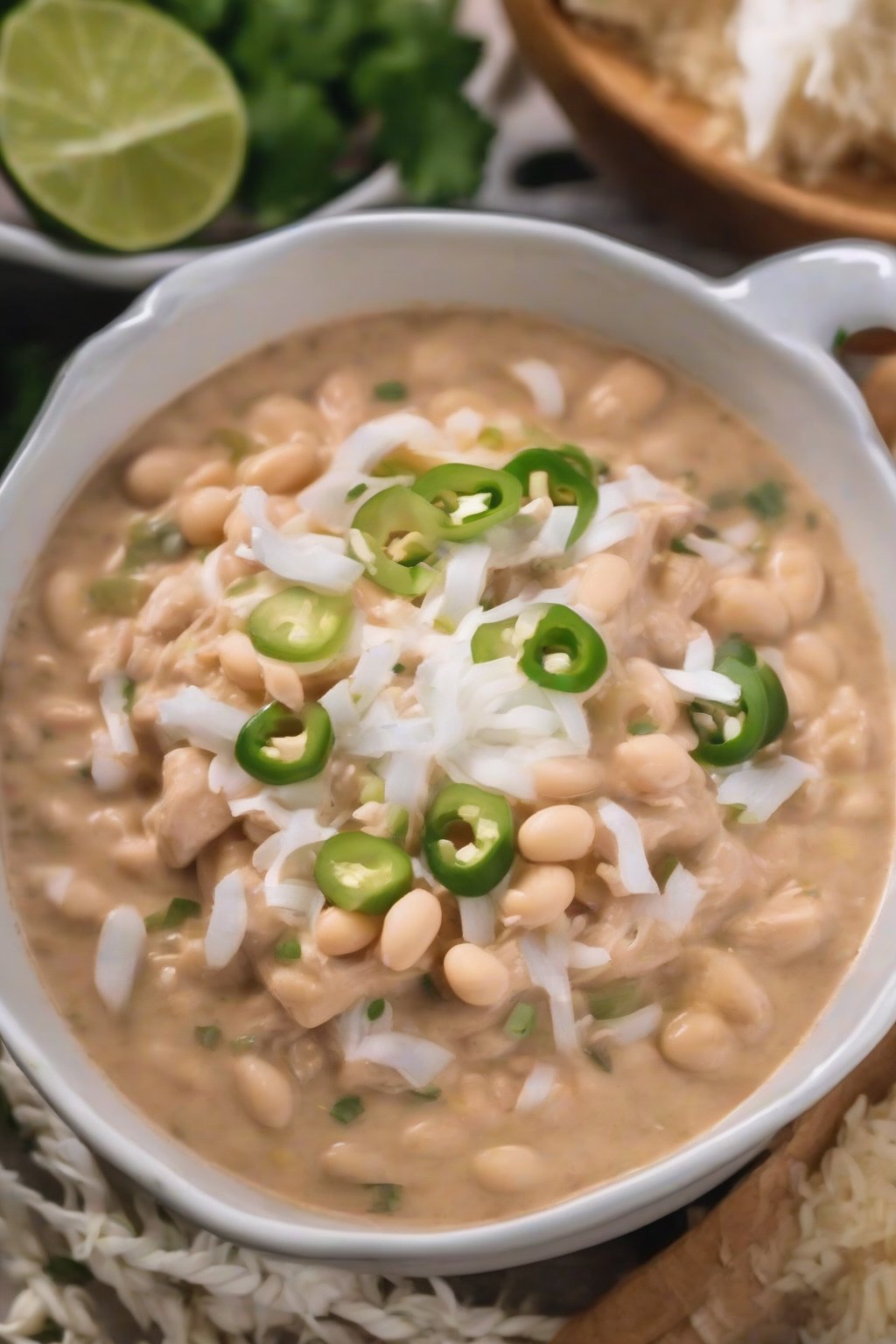 A close-up photo of coconut creamy bean white chicken chili topped with coconut flakes, under soft lighting.
