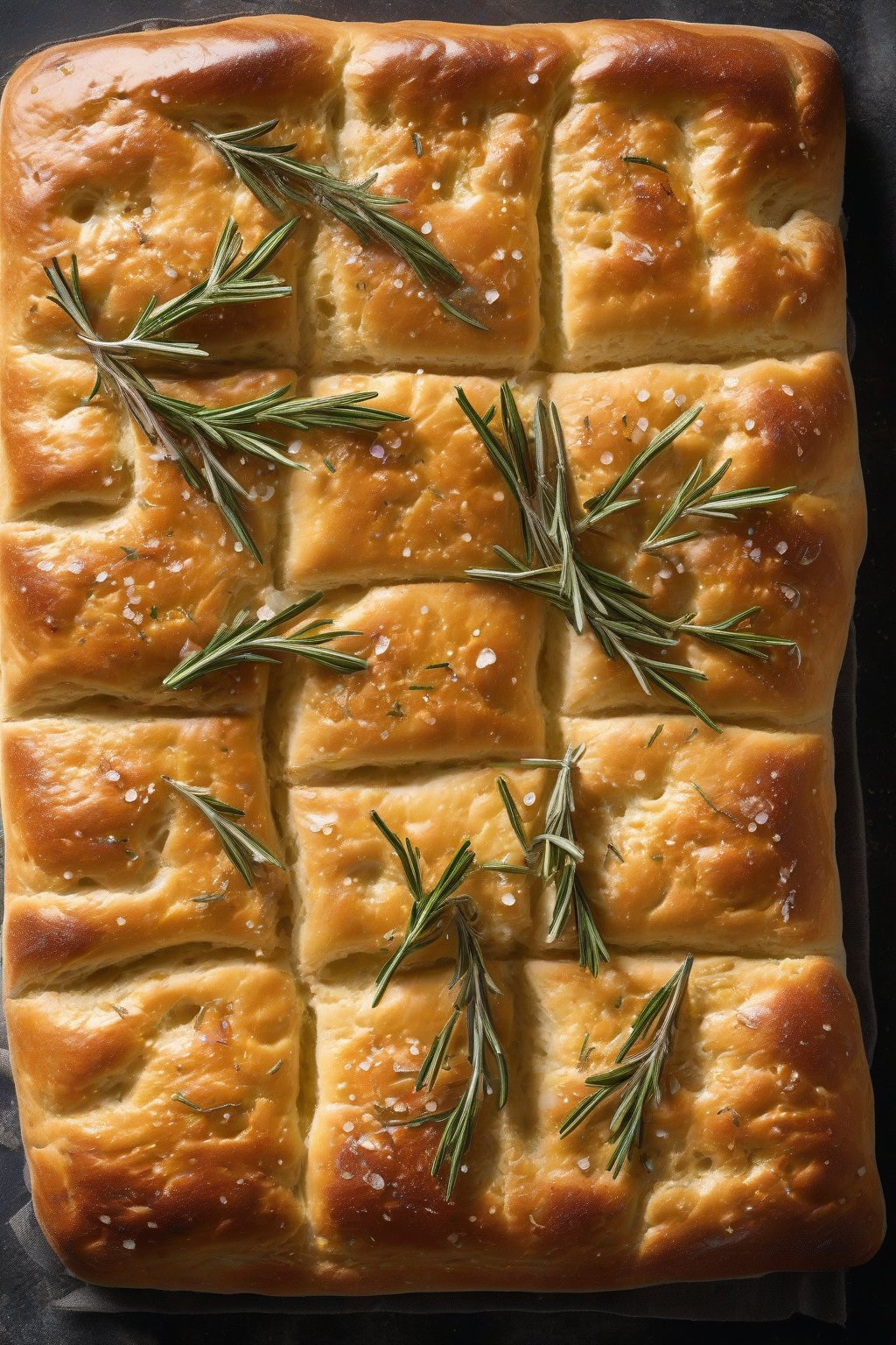 A high-resolution photo of golden bubbly sourdough focaccia topped with rosemary and sea salt under soft lighting.