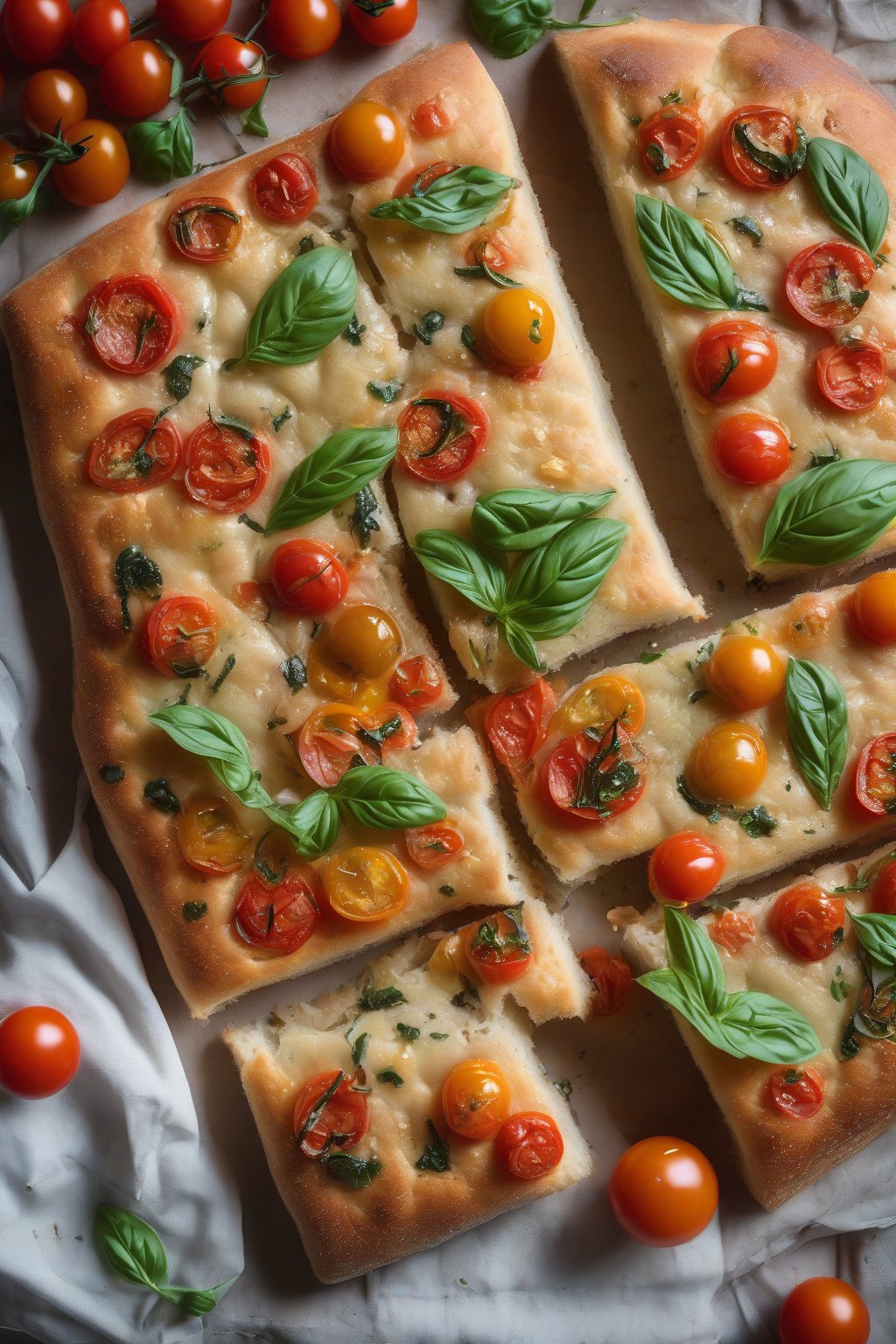 A high-resolution photo of bubbly sourdough focaccia loaded with burst cherry tomatoes and basil under soft lighting.
