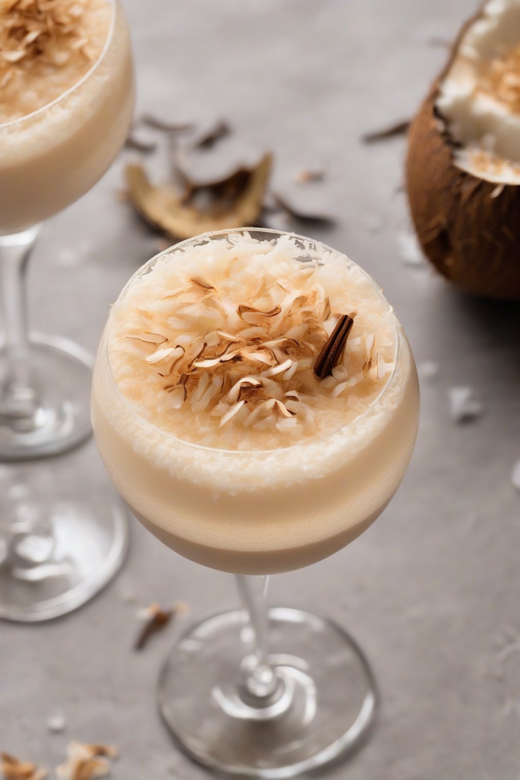 A high-resolution close-up photo of a Tropical Coconut Breeze Espresso Martini, frothy top with toasted coconut flakes, under soft lighting.