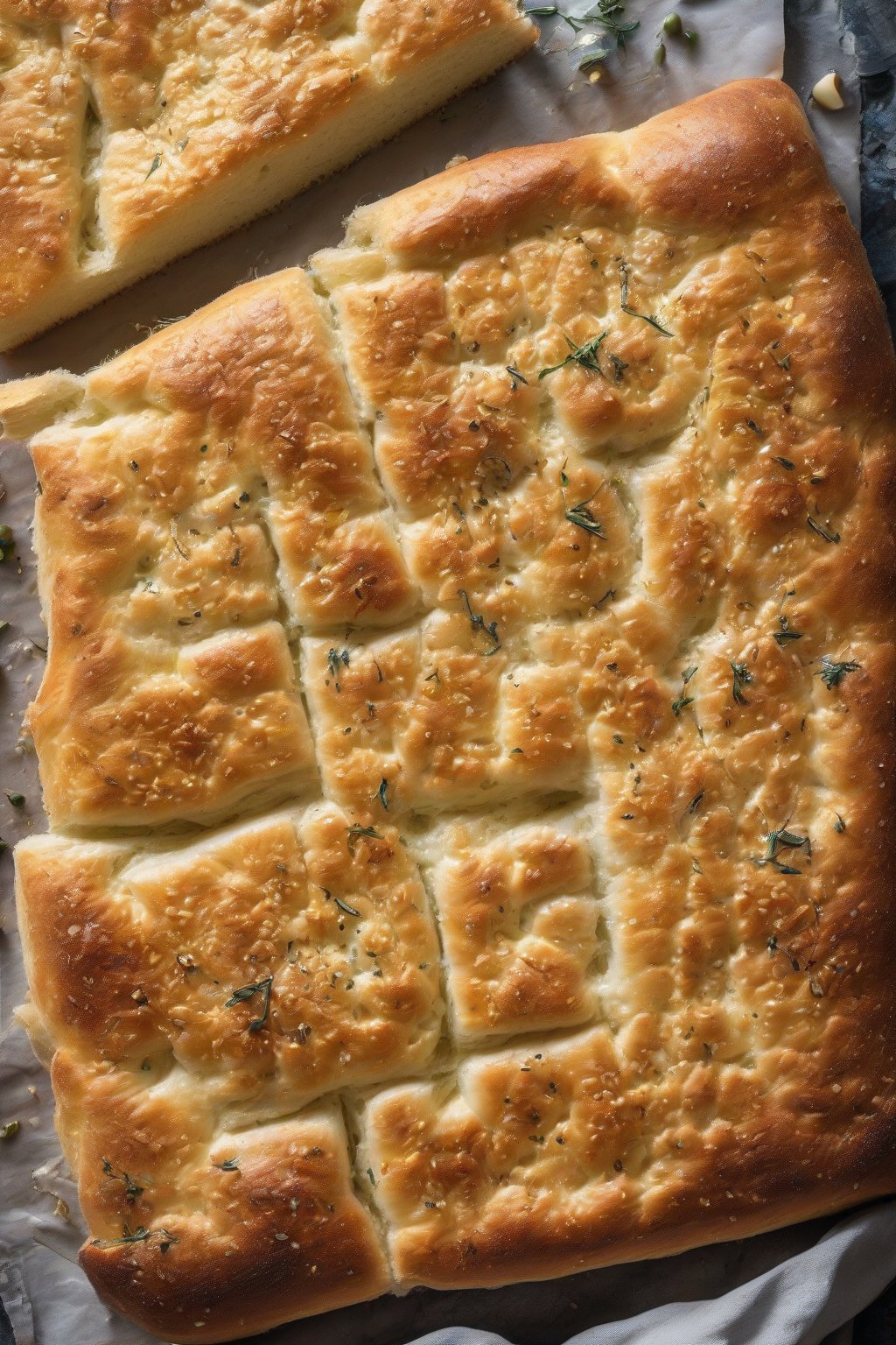 A high-resolution photo of cheesy garlic parmesan sourdough focaccia with bubbly crust under soft lighting.
