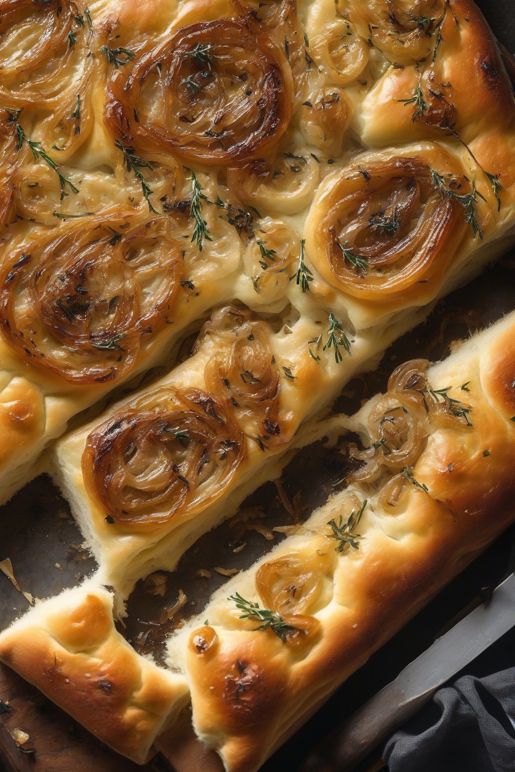 A high-resolution photo of bubbly focaccia topped with caramelized onions and thyme under soft lighting.