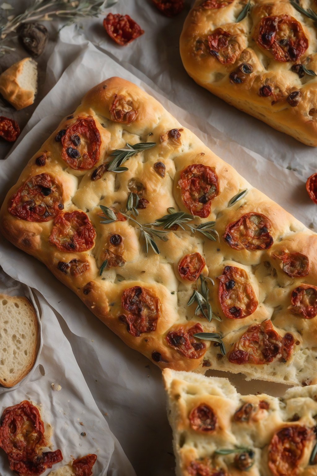 A high-resolution photo of olive and sundried tomato studded bubbly sourdough focaccia under soft lighting.