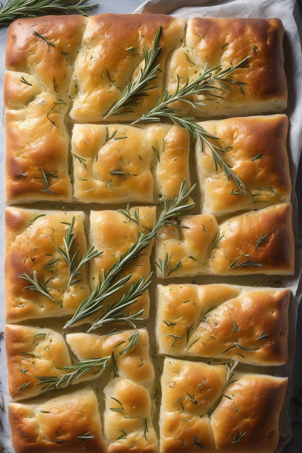 A high-resolution photo of potato-rosemary bubbly focaccia with crispy edges under soft lighting.