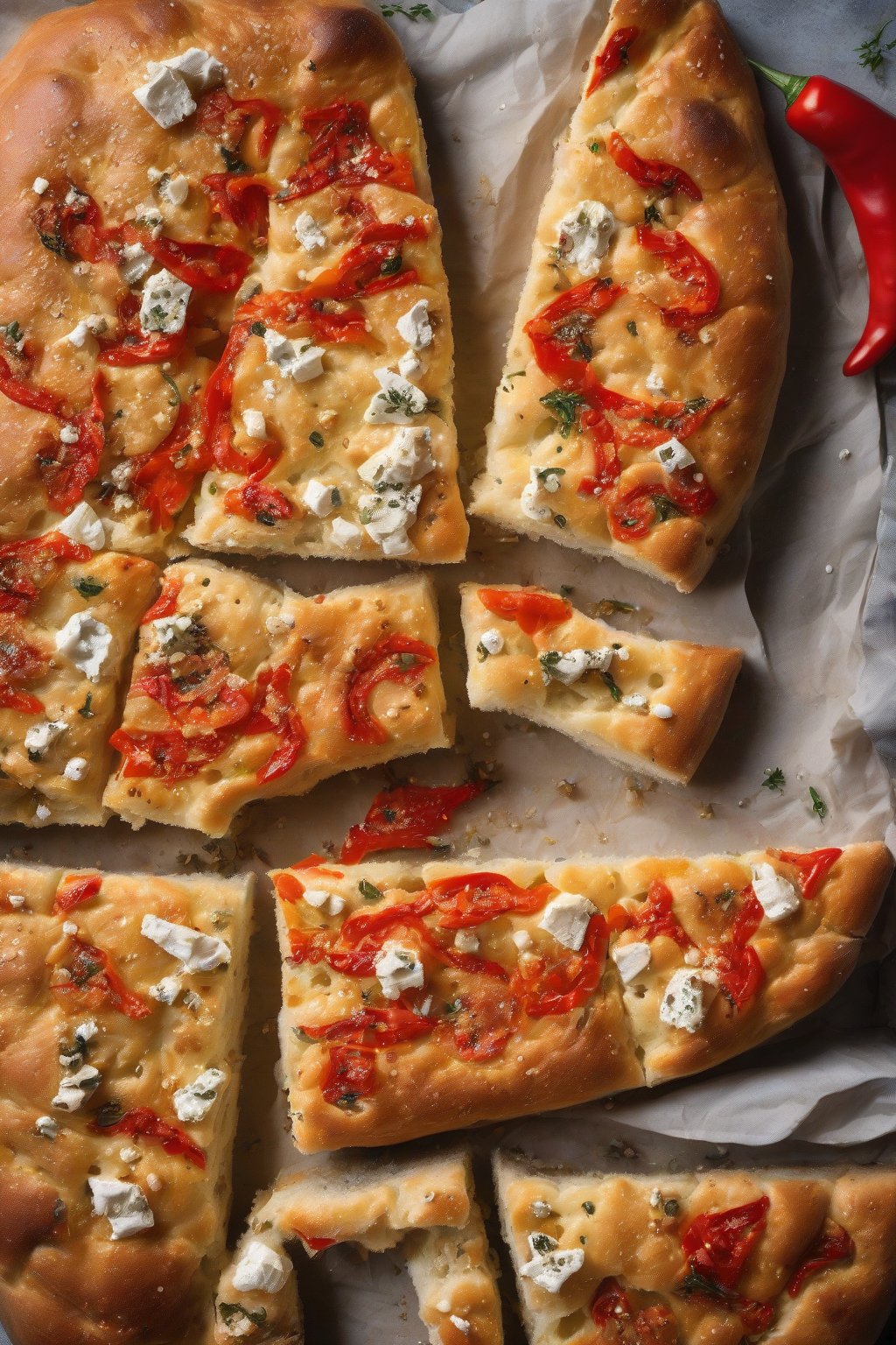 A high-resolution photo of feta and red pepper dotted bubbly sourdough focaccia under soft lighting.