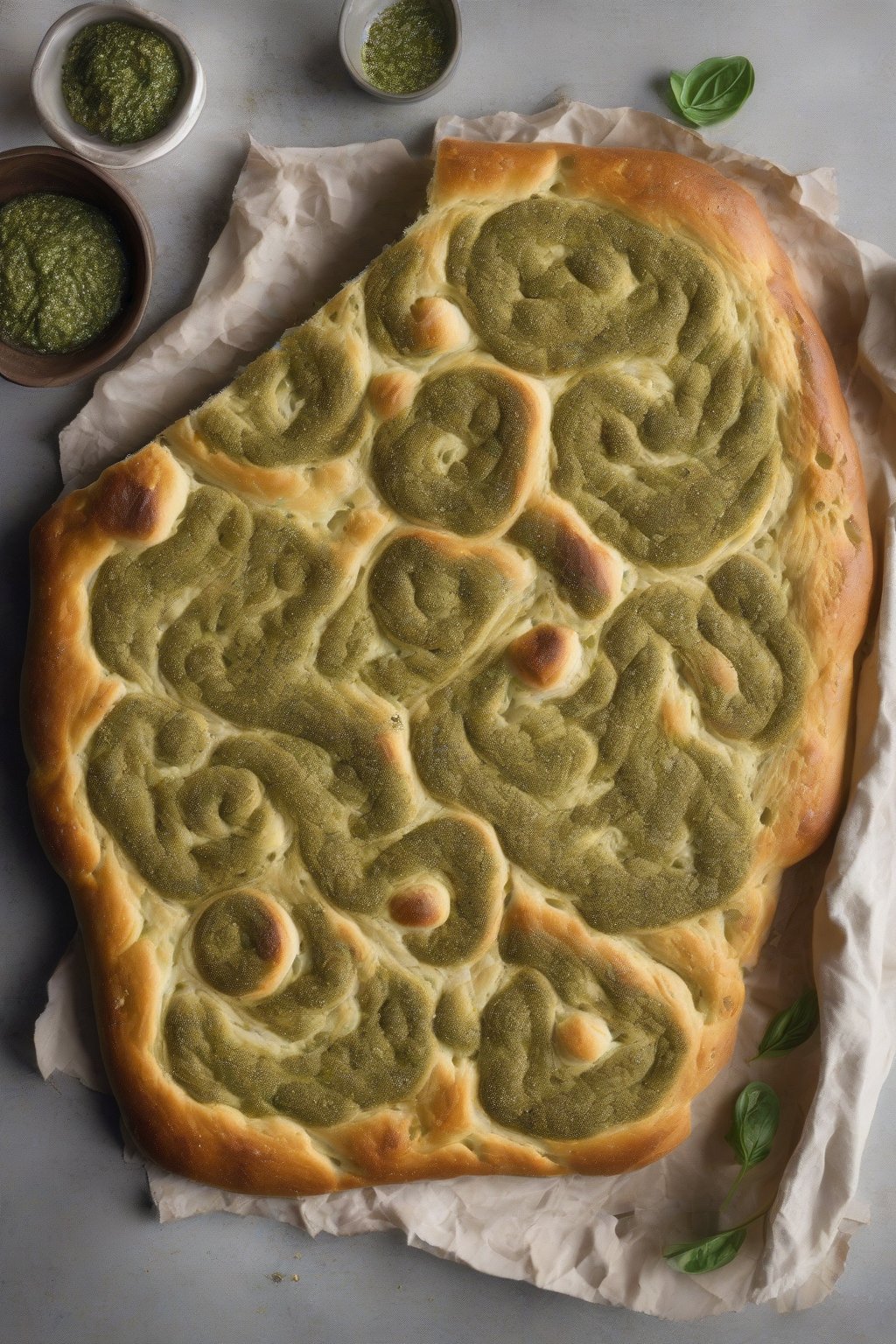 A high-resolution photo of pesto-swirled bubbly sourdough focaccia under soft lighting.