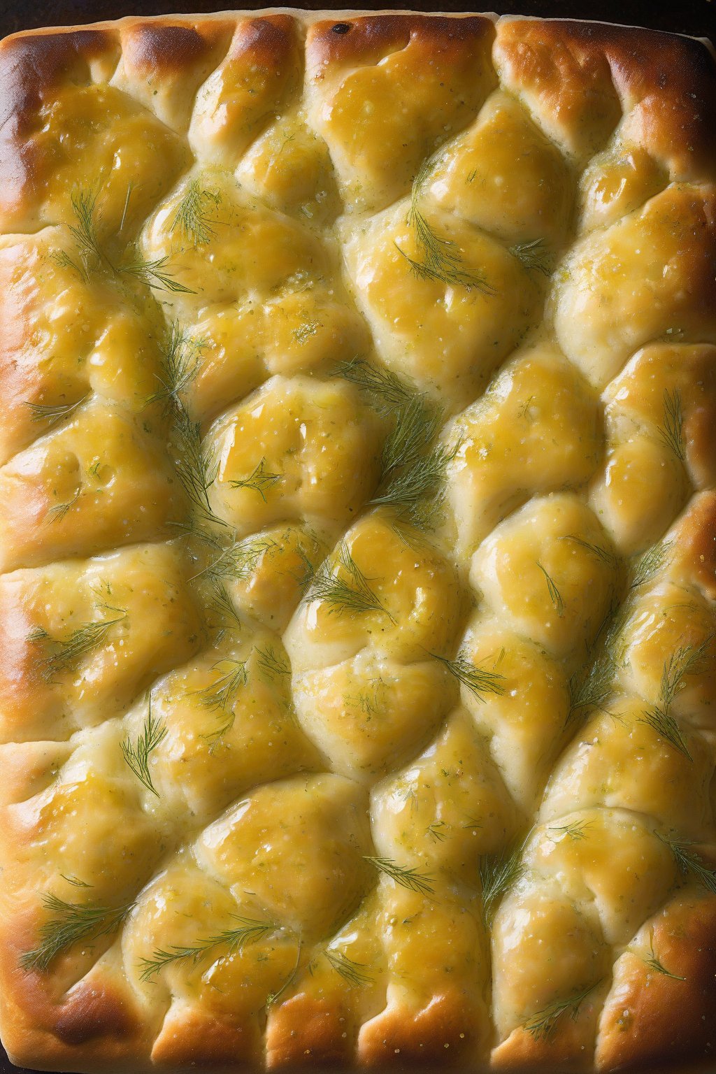 A high-resolution photo of lemon-dill infused bubbly focaccia glistening with oil under soft lighting.