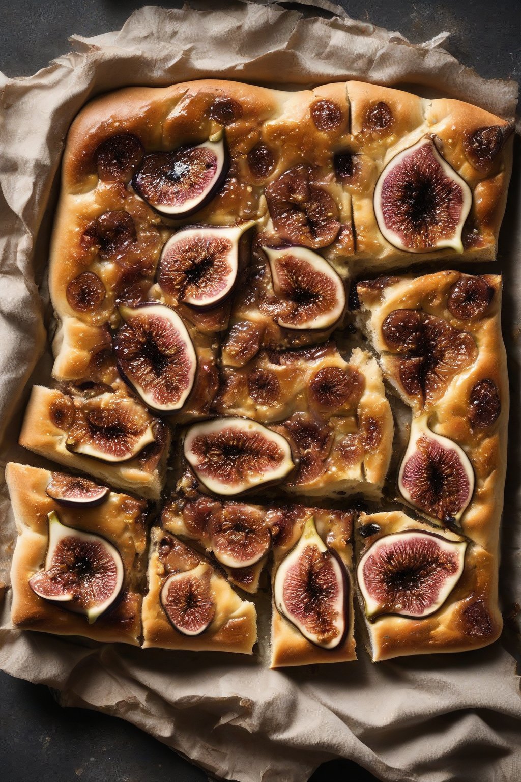A high-resolution photo of fig-topped bubbly sourdough focaccia with balsamic shine under soft lighting.