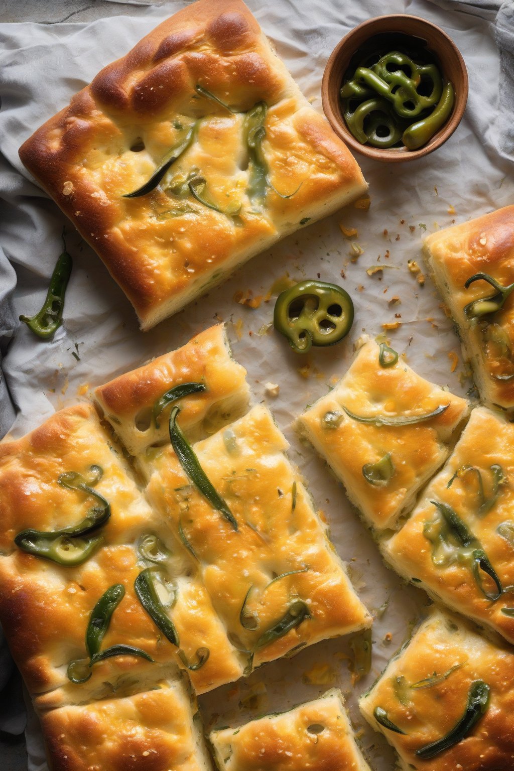 A high-resolution photo of jalapeño-cheddar bubbly focaccia with gooey cheese pulls under soft lighting.