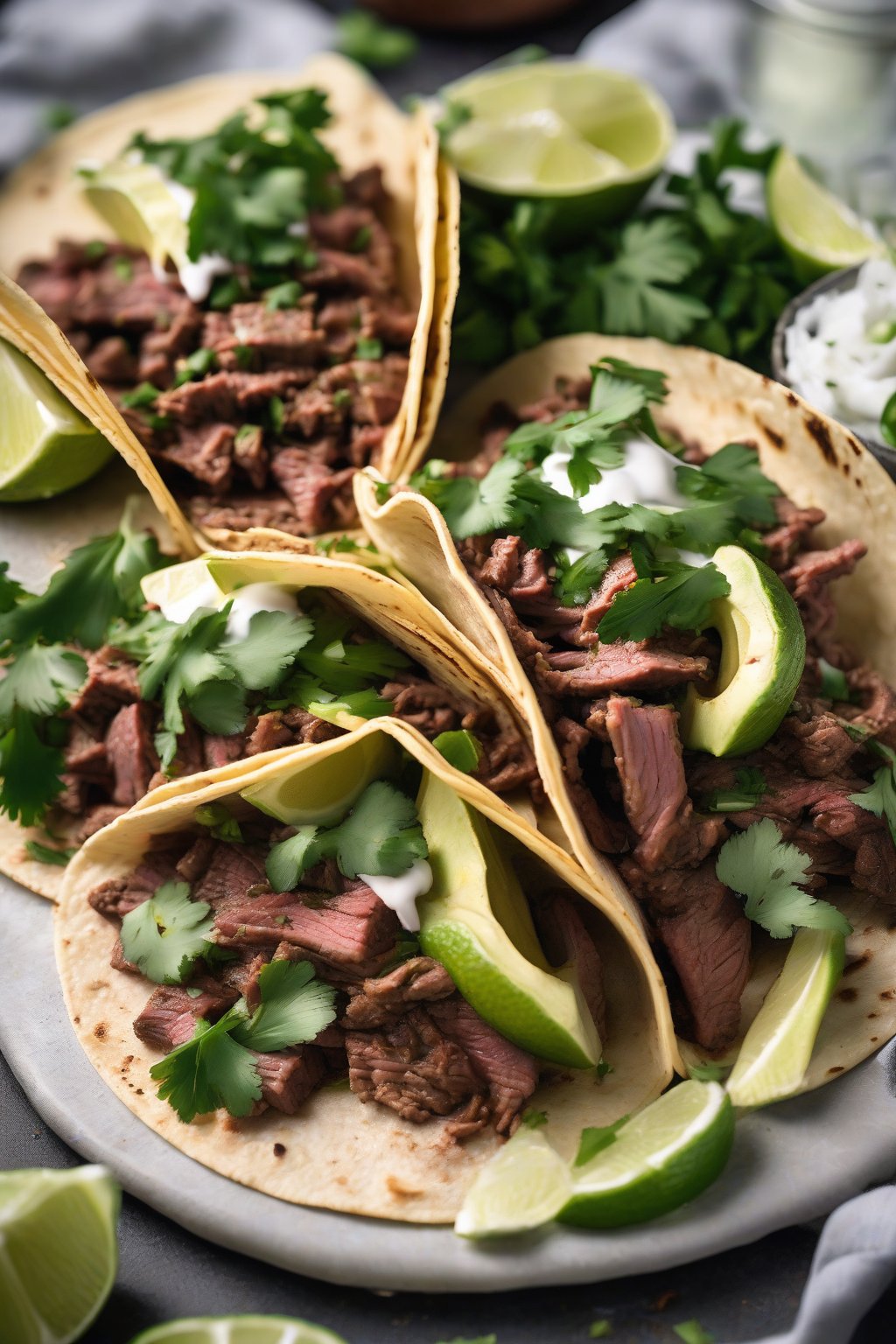 A high-resolution close-up photo of smoky chipotle-seasoned beef tacos with fresh cilantro and lime under soft lighting.