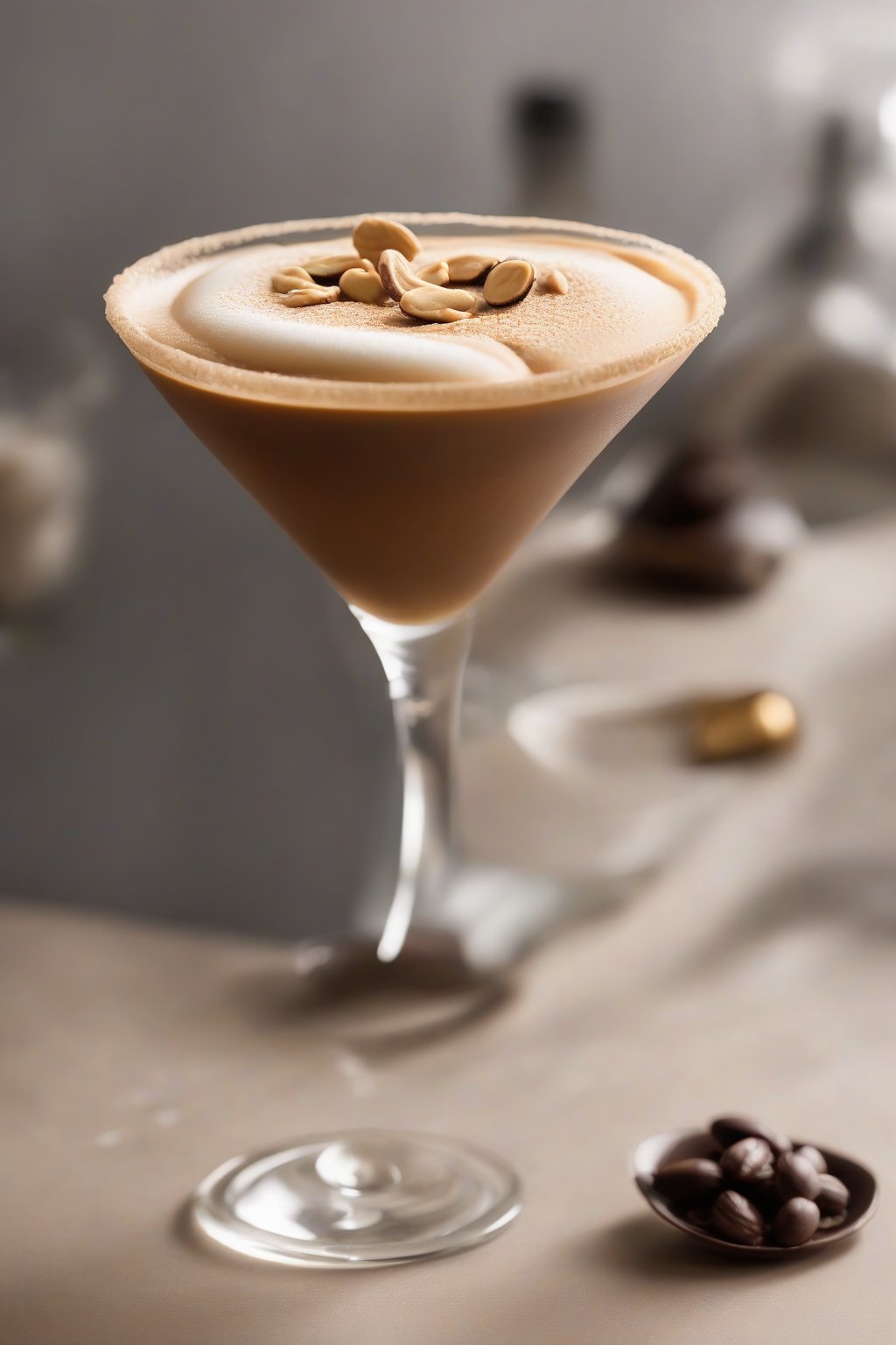 A high-resolution close-up photo of a Peanut Butter Powerhouse Espresso Martini, peanut-rimmed glass with velvety foam, under soft lighting.