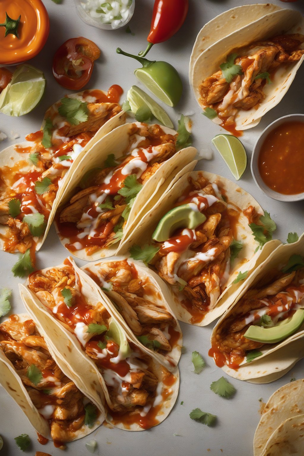 A high-resolution close-up photo of fiery habanero chicken tacos dripping with sauce under soft lighting.