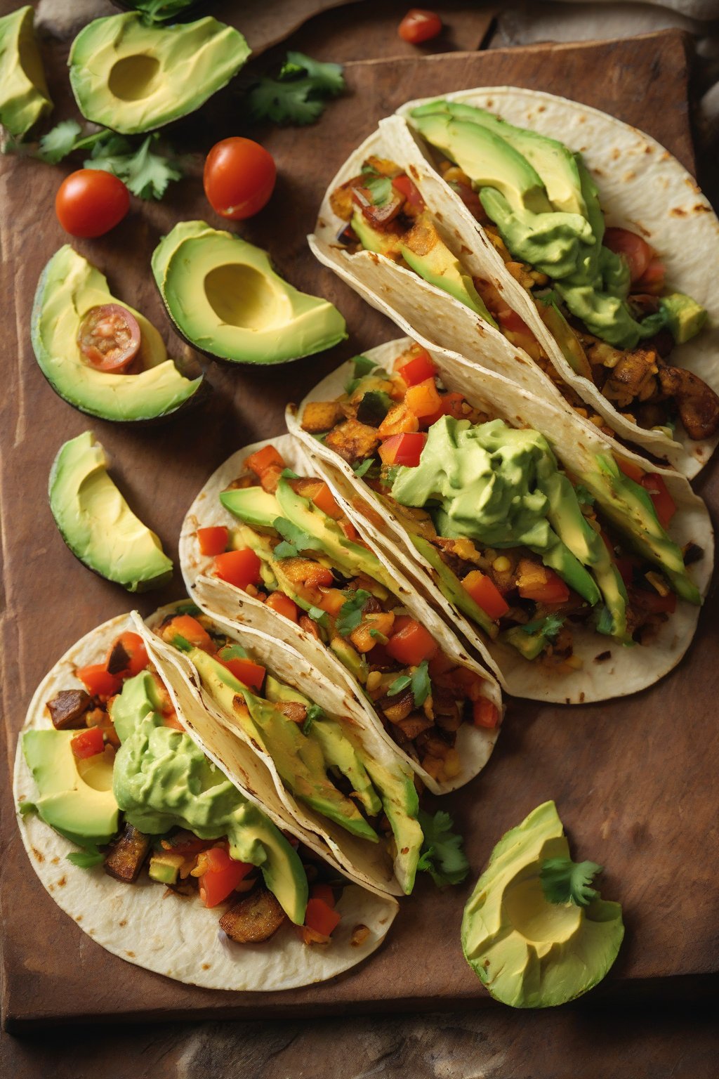 A high-resolution close-up photo of garlic-seasoned veggie tacos topped with avocado under soft lighting.