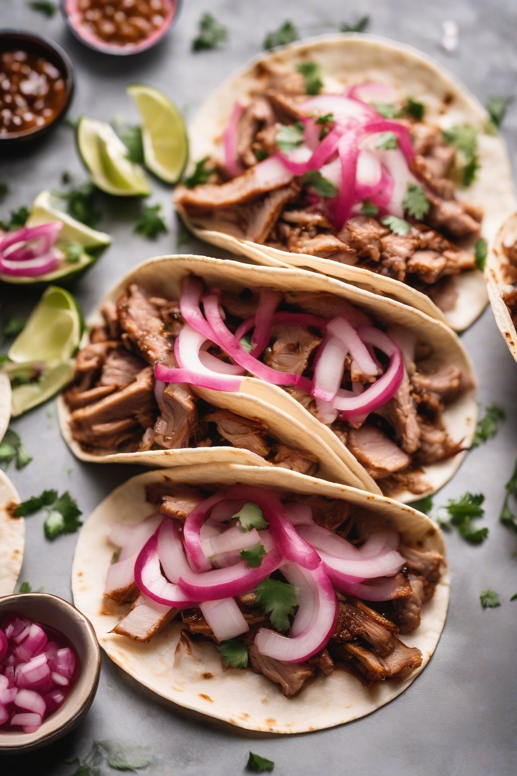 A high-resolution close-up photo of maple sweet heat pork tacos with pickled onions under soft lighting.