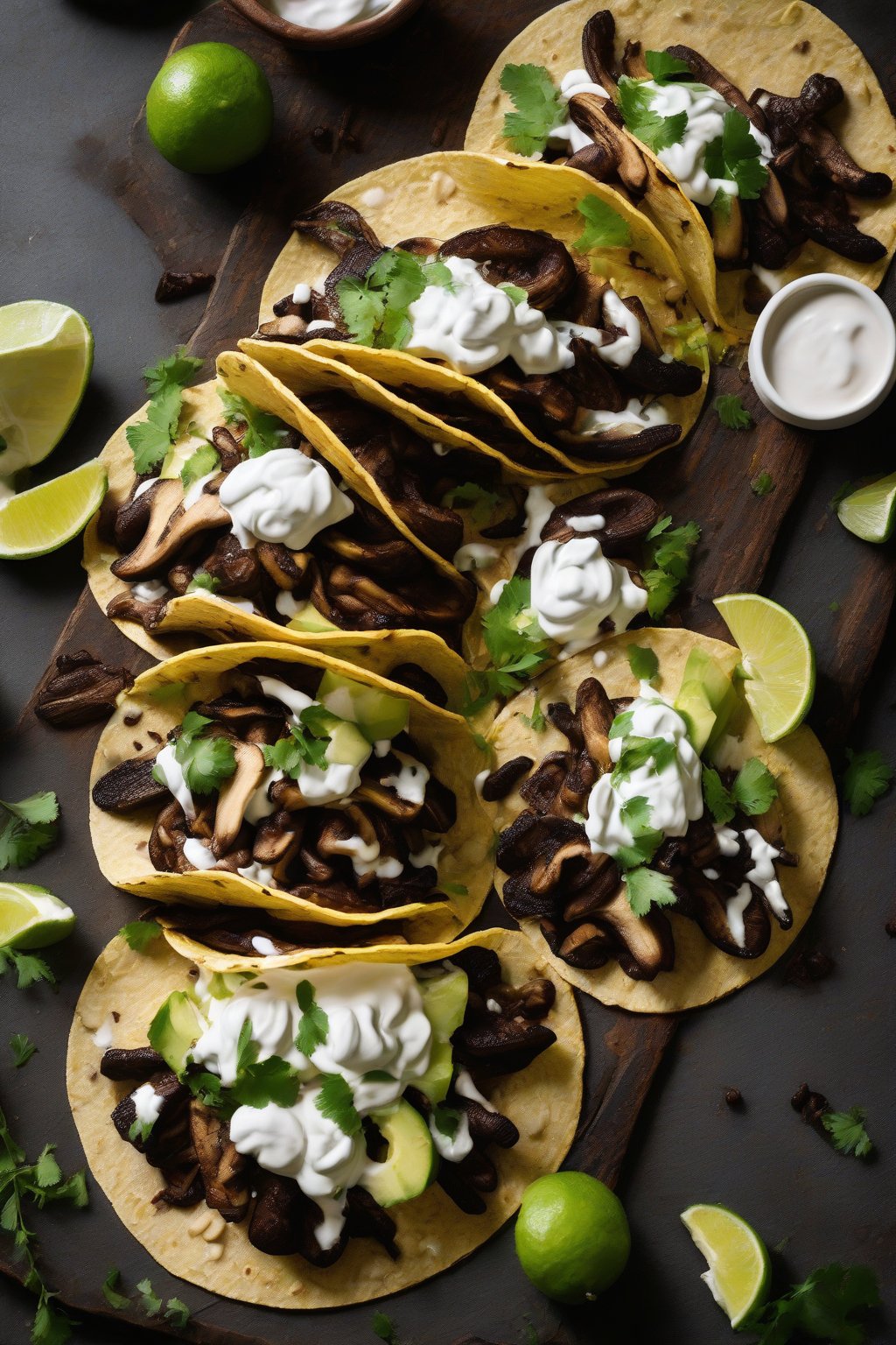 A high-resolution close-up photo of ancho cacao mushroom tacos with crema under soft lighting.