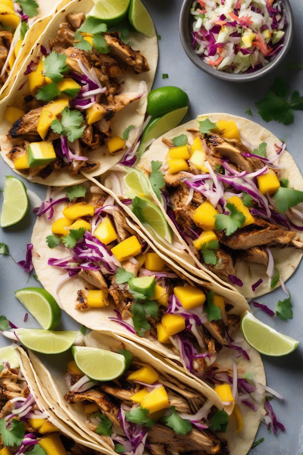 A high-resolution close-up photo of jerk chicken tacos with mango slaw under soft lighting.