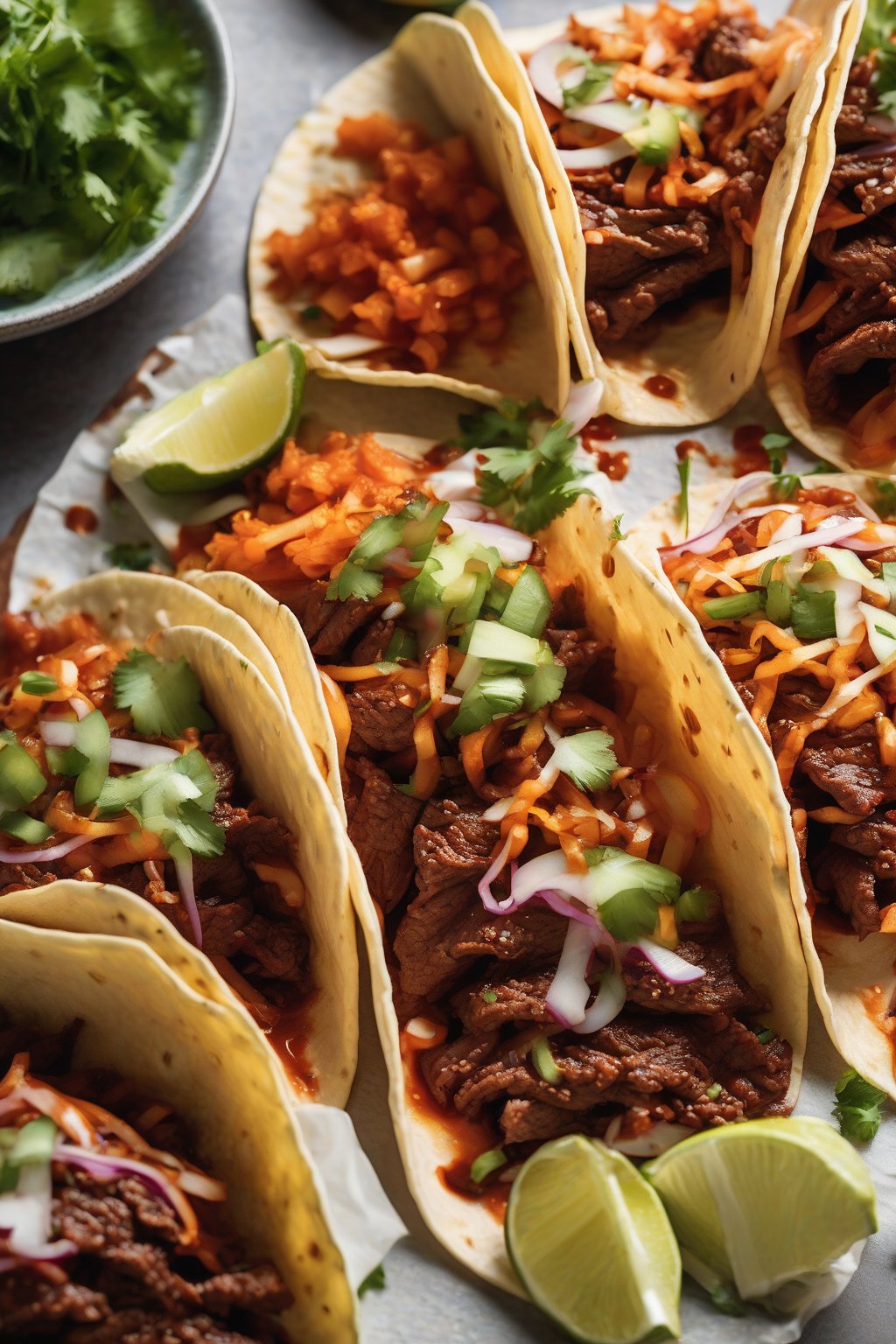 A high-resolution close-up photo of gochujang beef tacos with kimchi under soft lighting.
