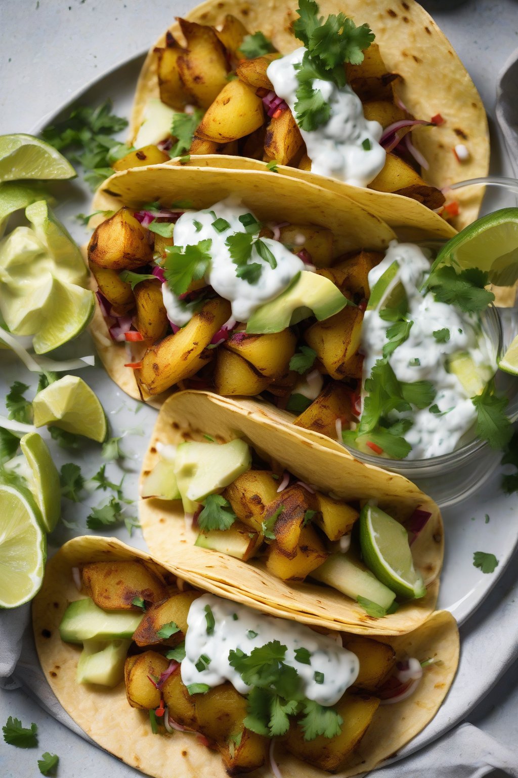 A high-resolution close-up photo of masala potato tacos with raita under soft lighting.