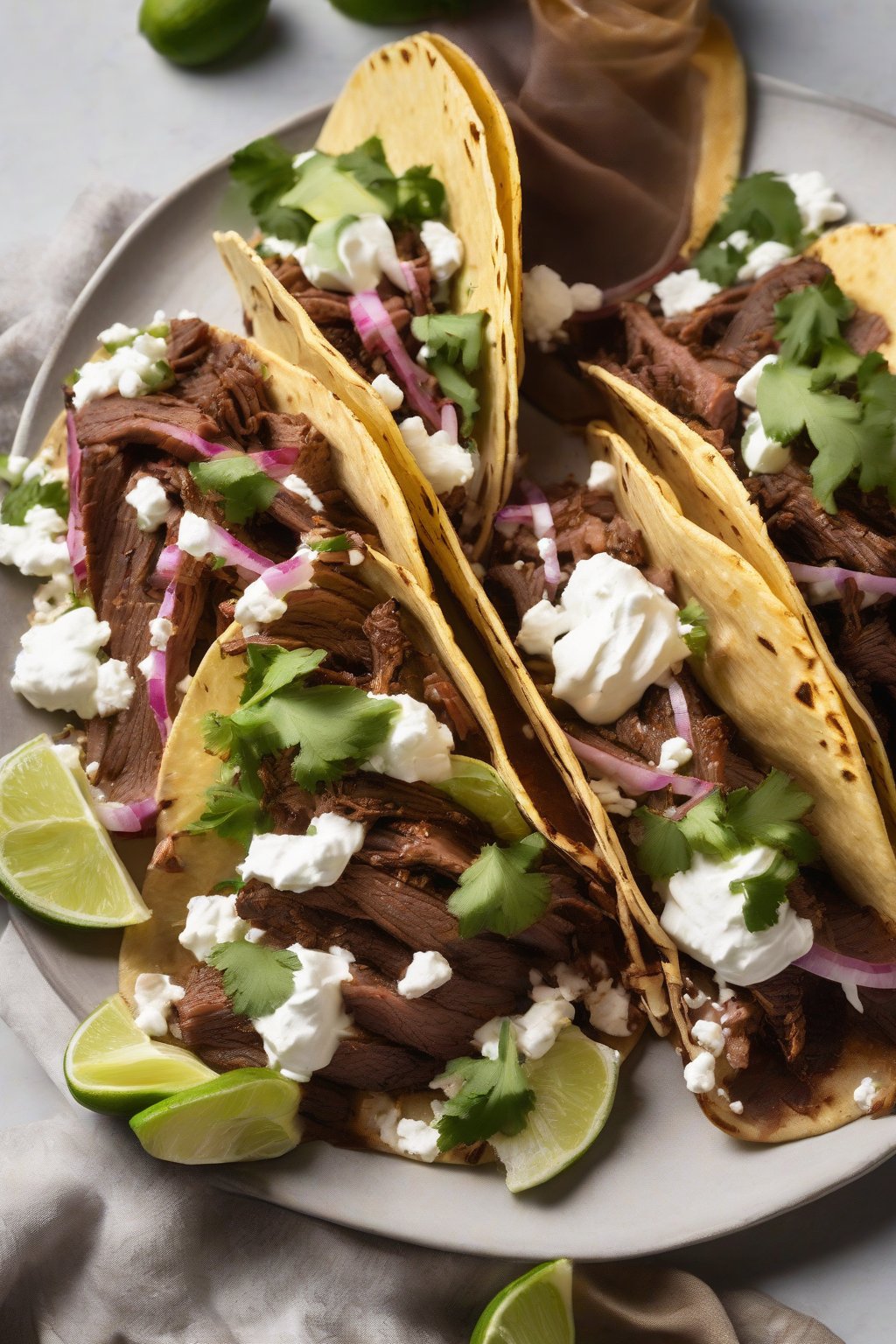 A high-resolution close-up photo of coffee-infused brisket tacos with queso fresco under soft lighting.
