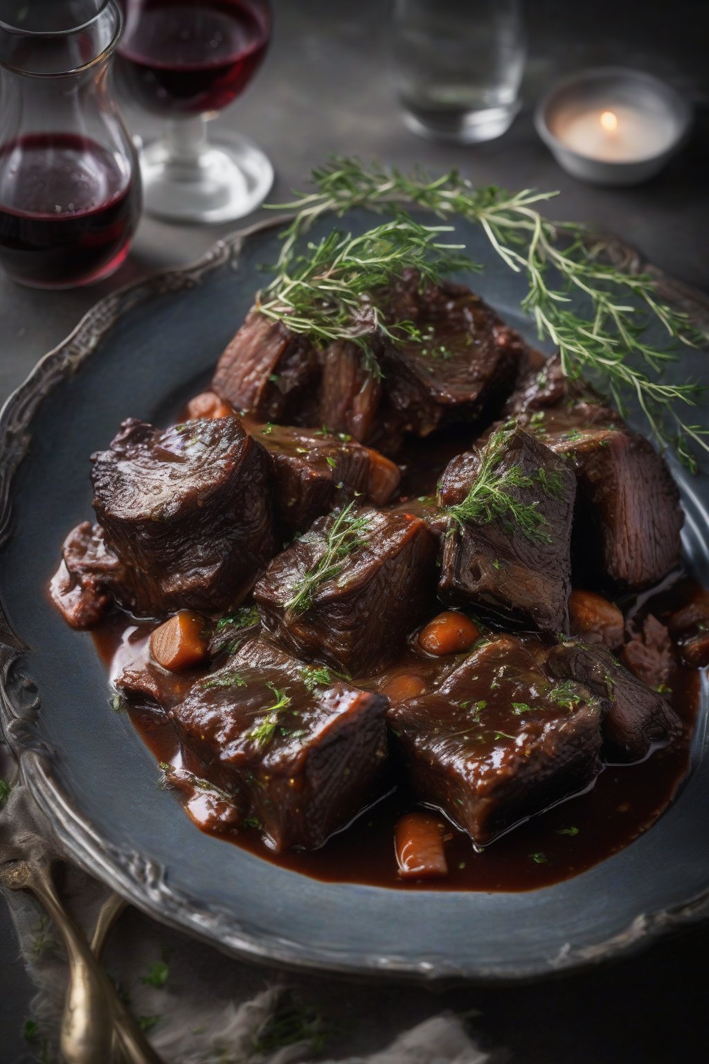 A high-resolution photo of classic red wine braised short ribs, glistening with sauce and garnished with thyme, under soft lighting.