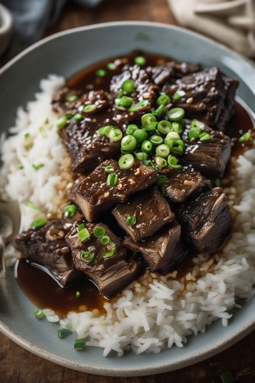 A high-resolution photo of soy ginger braised short ribs atop rice, steam rising with green onion garnish, under soft lighting.