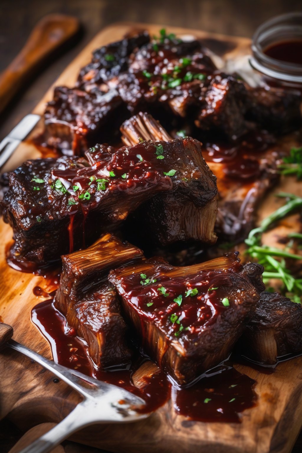 A high-resolution photo of BBQ braised short ribs slathered in glossy sauce on a wooden board, under soft lighting.