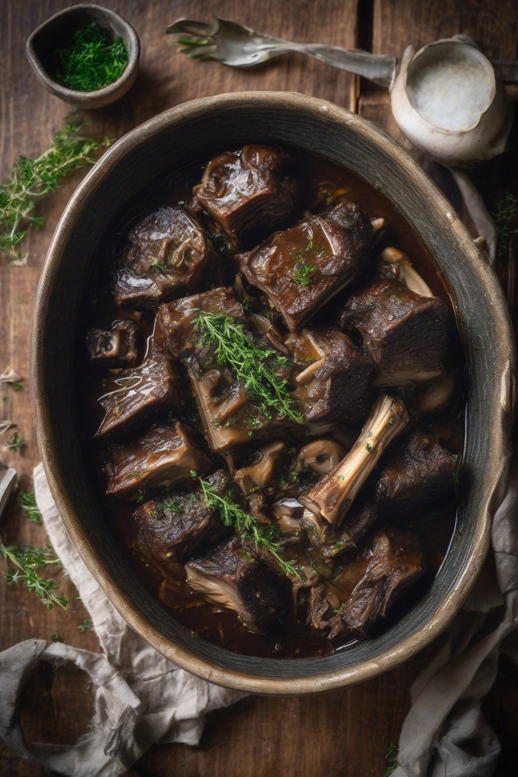 A high-resolution photo of mushroom thyme braised short ribs in a rustic bowl with herb sprigs, under soft lighting.