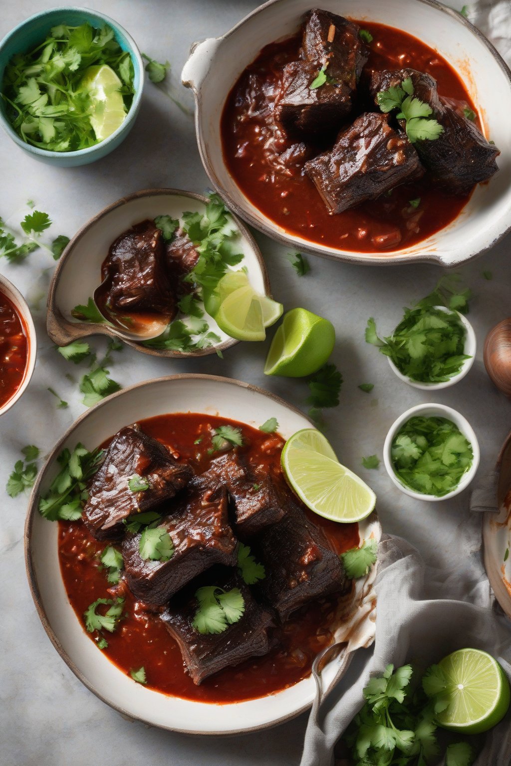 A high-resolution photo of chipotle braised short ribs with lime wedges and cilantro, vibrant red sauce shining, under soft lighting.