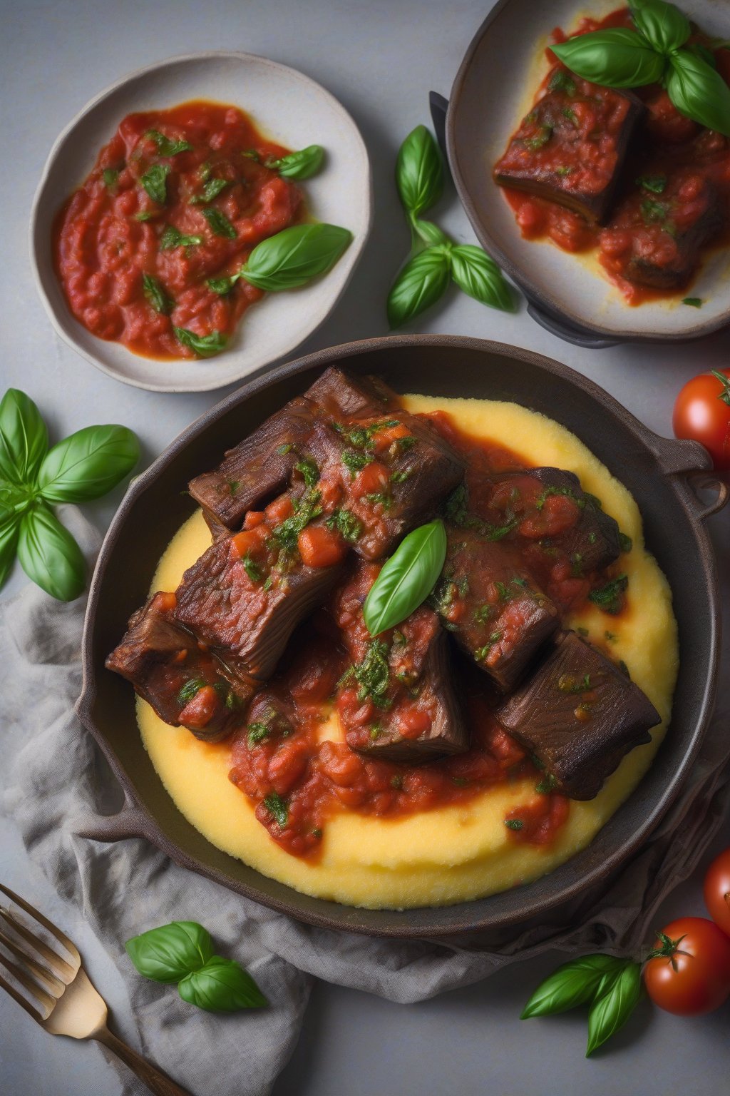 A high-resolution photo of Italian tomato braised short ribs over polenta, fresh basil topping, under soft lighting.