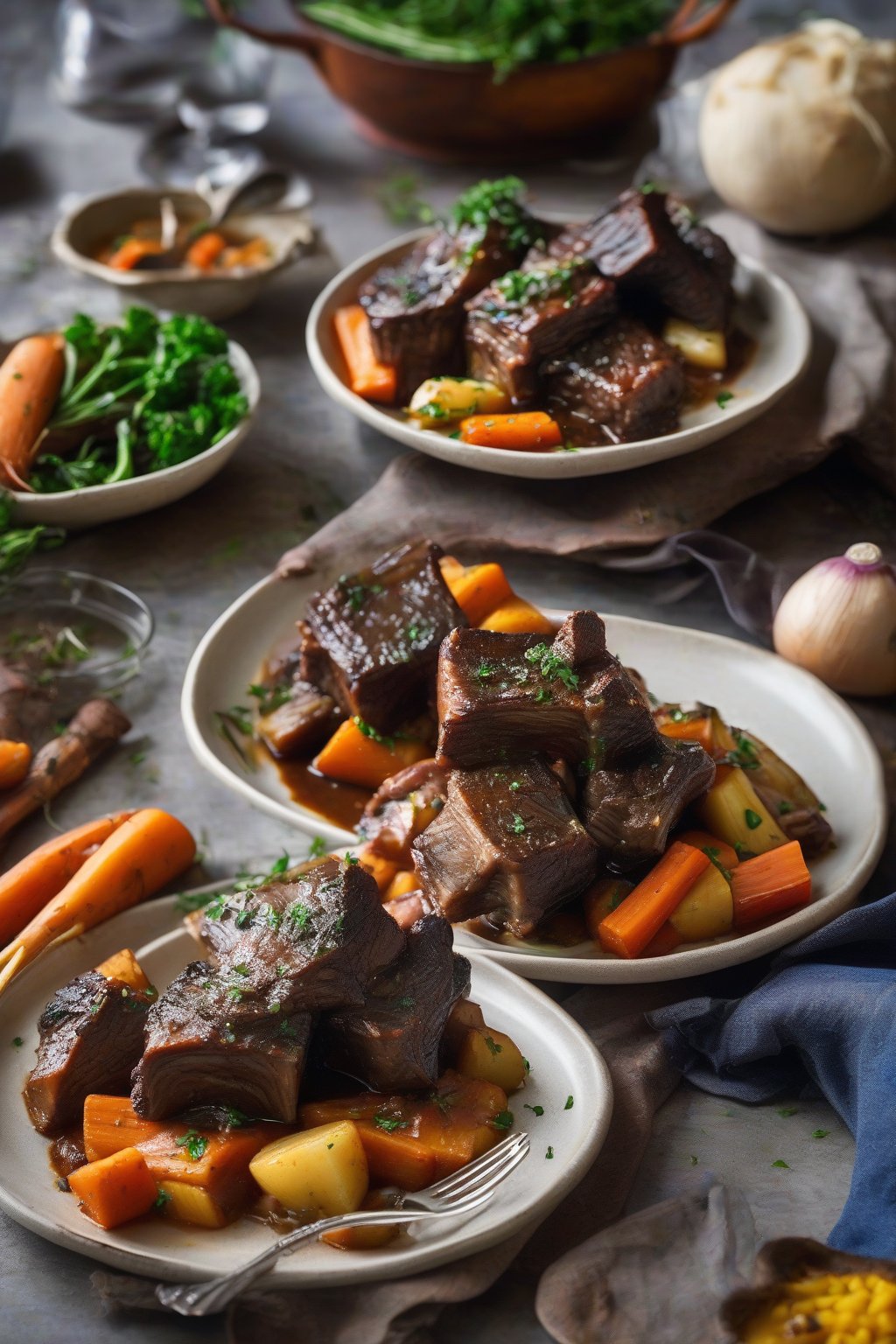 A high-resolution photo of root vegetable braised short ribs in a colorful medley, fork-tender meat visible, under soft lighting.