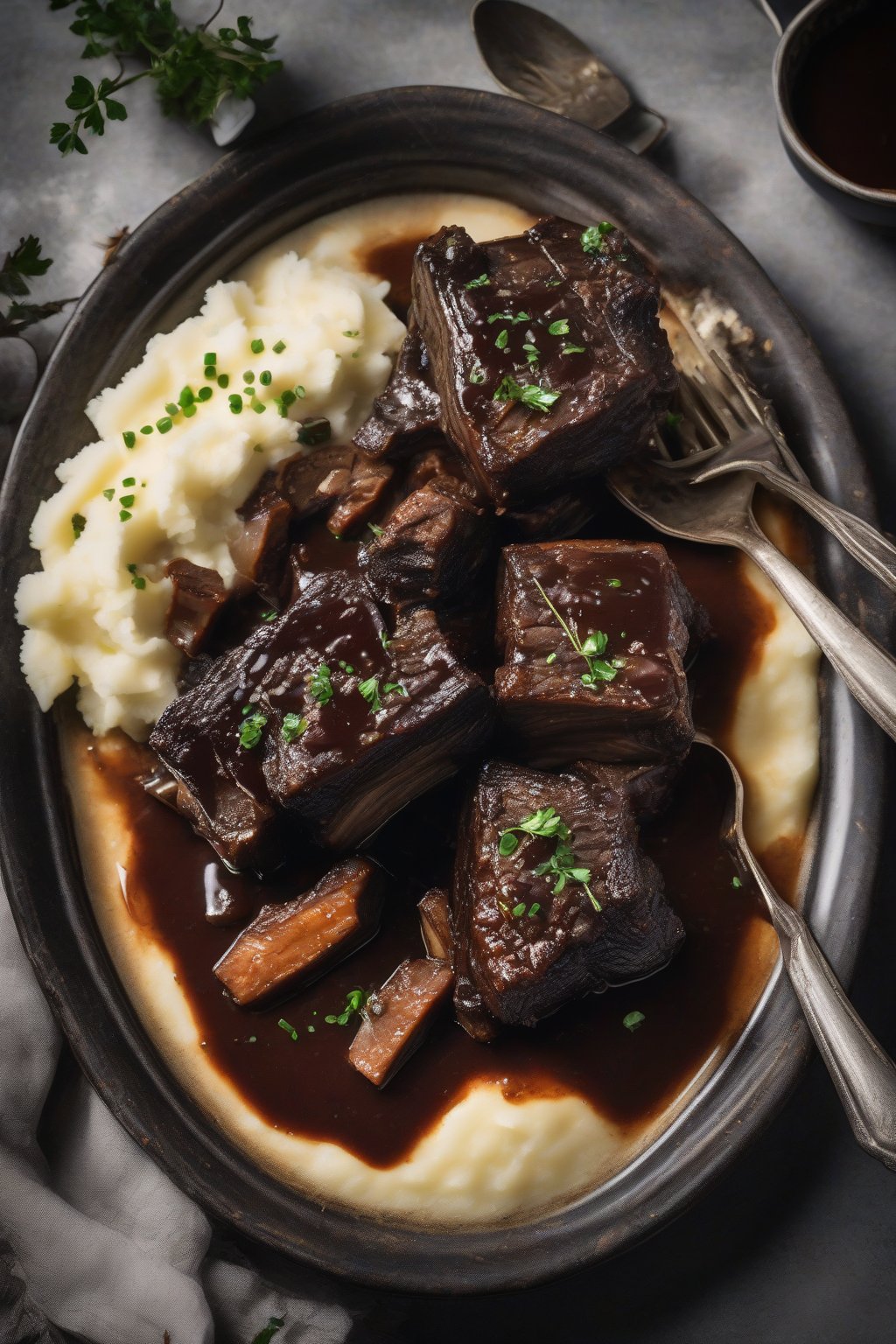 A high-resolution photo of coffee braised short ribs with a dark glossy sauce, served with mashed potatoes, under soft lighting.