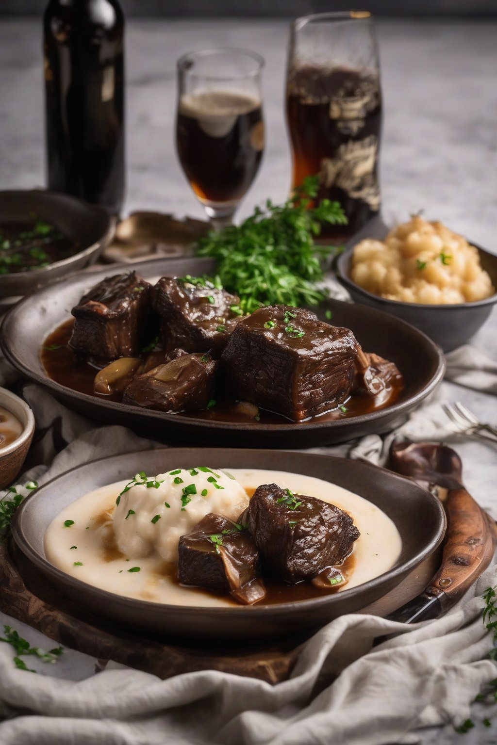 A high-resolution photo of stout braised short ribs, foamy beer sauce bubbling, garnished with onions, under soft lighting.