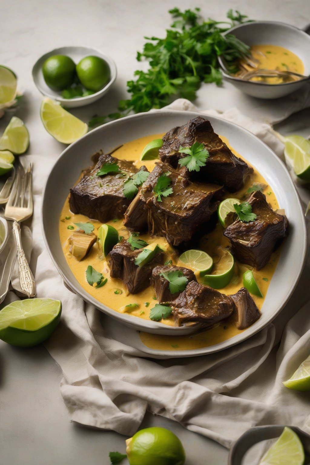 A high-resolution photo of coconut curry braised short ribs in a creamy yellow sauce with lime slices, under soft lighting.