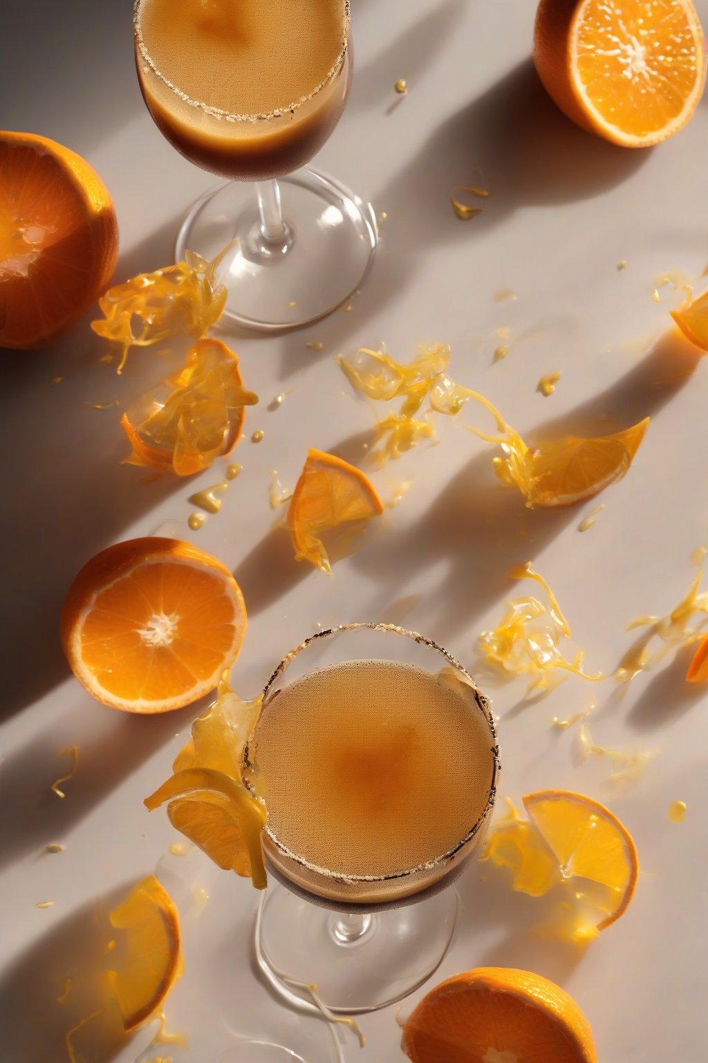 A high-resolution close-up photo of a Citrus Zest Explosion Espresso Martini, orange twist oils shimmering on the surface, under soft lighting.