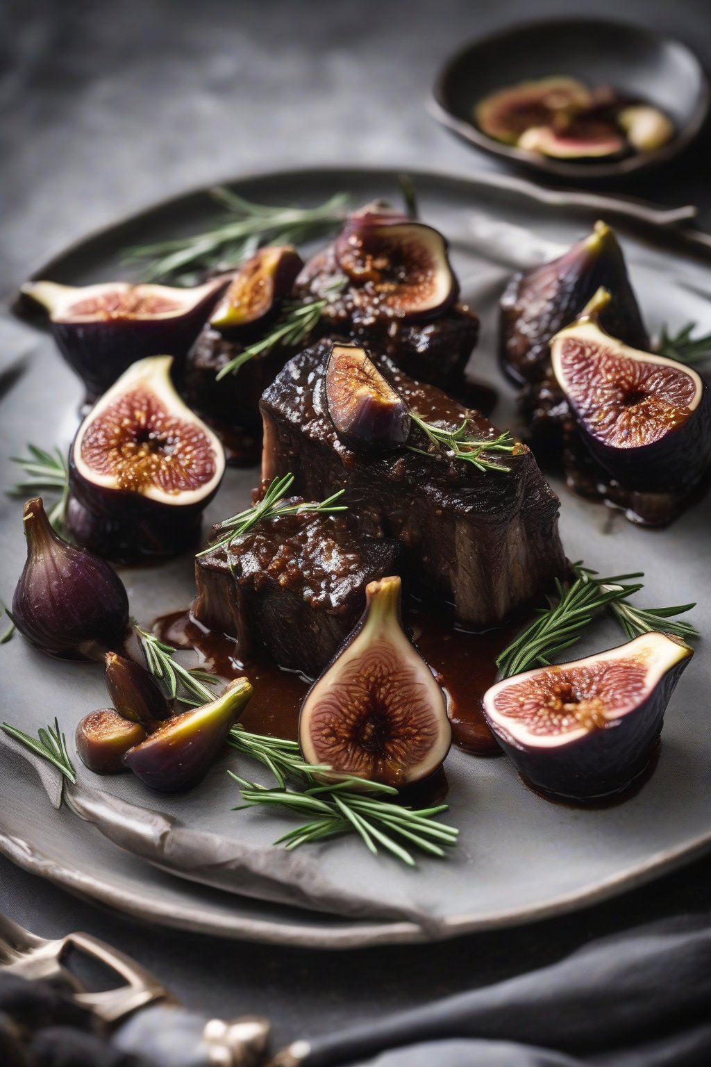 A high-resolution photo of balsamic fig braised short ribs with halved figs and rosemary, elegant plating, under soft lighting.