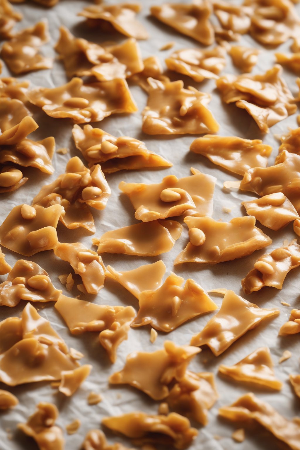 A high-resolution photo of golden classic peanut brittle shards scattered on parchment paper under soft lighting.