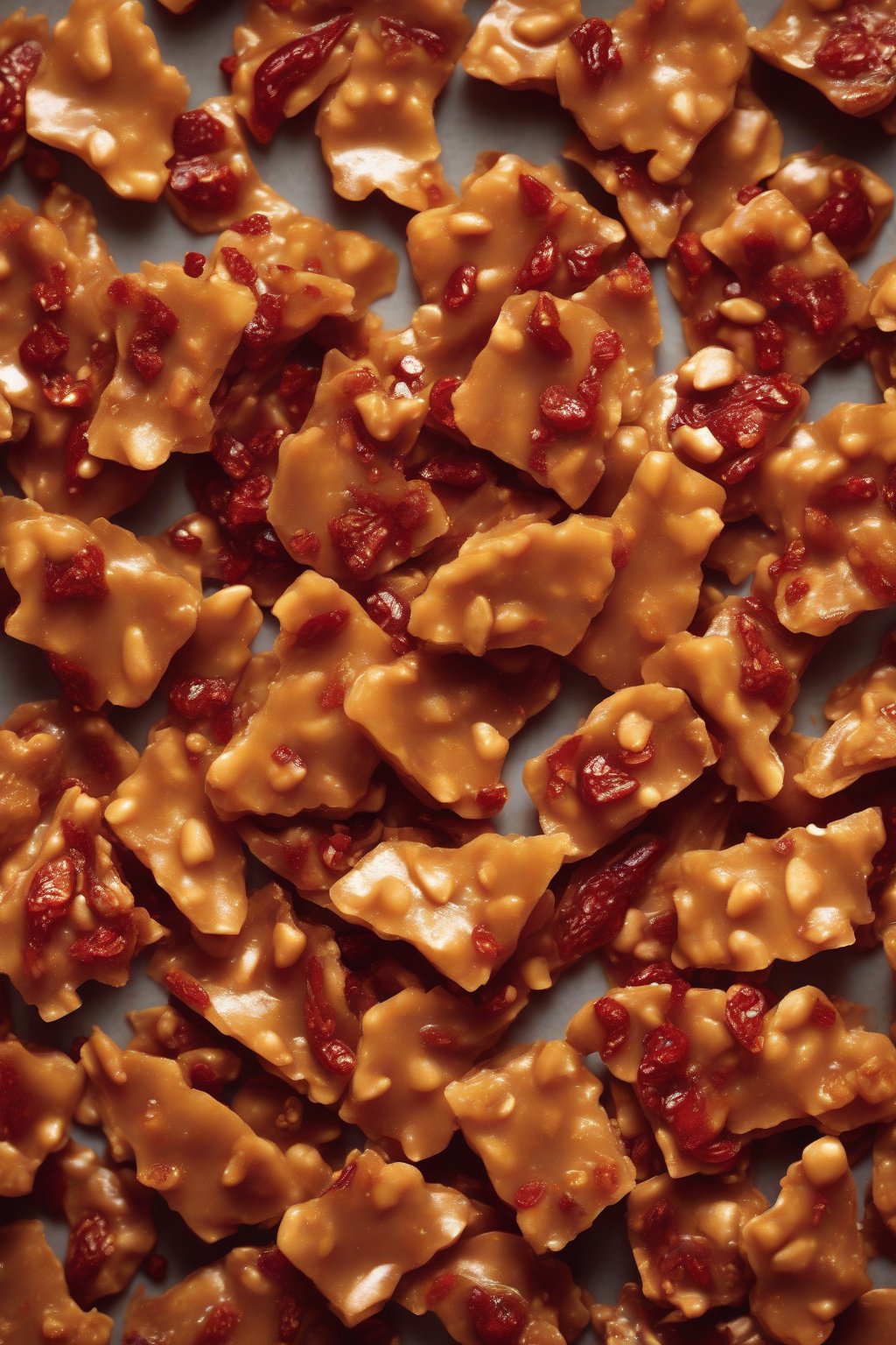 A high-resolution photo of red-tinged spicy peanut brittle pieces with visible chili flecks under soft lighting.