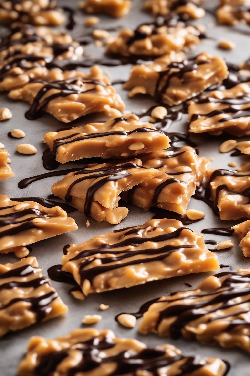 A high-resolution photo of peanut brittle topped with glossy dark chocolate drizzle under soft lighting.