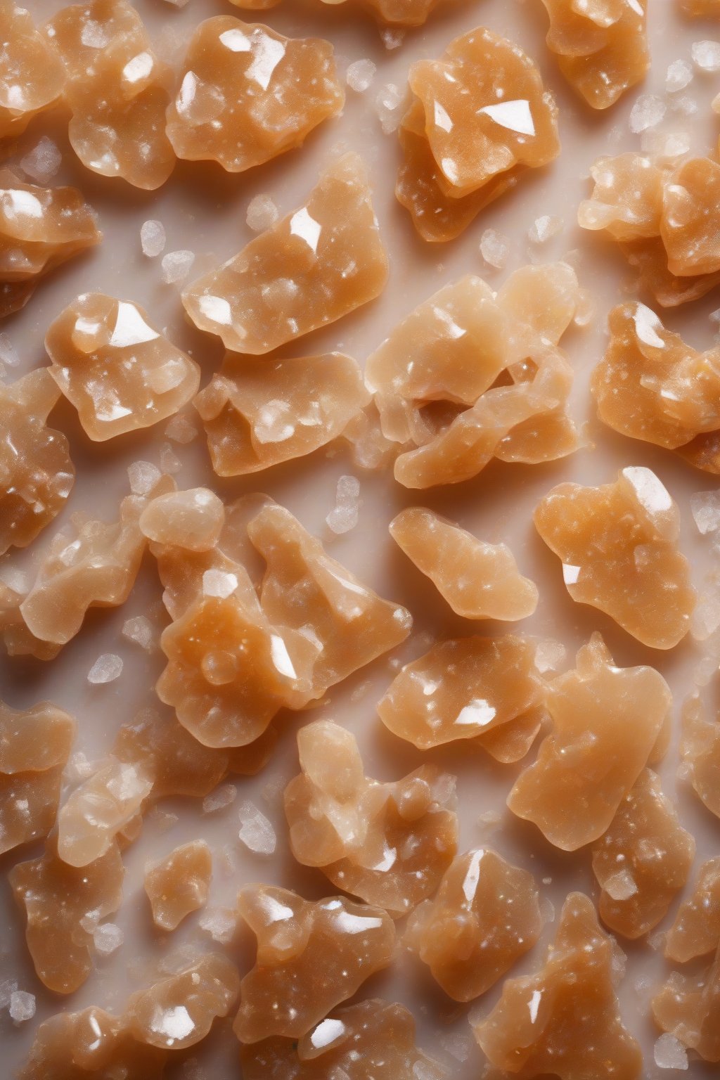 A high-resolution photo of chunky sea salt peanut brittle glistening with crystals under soft lighting.