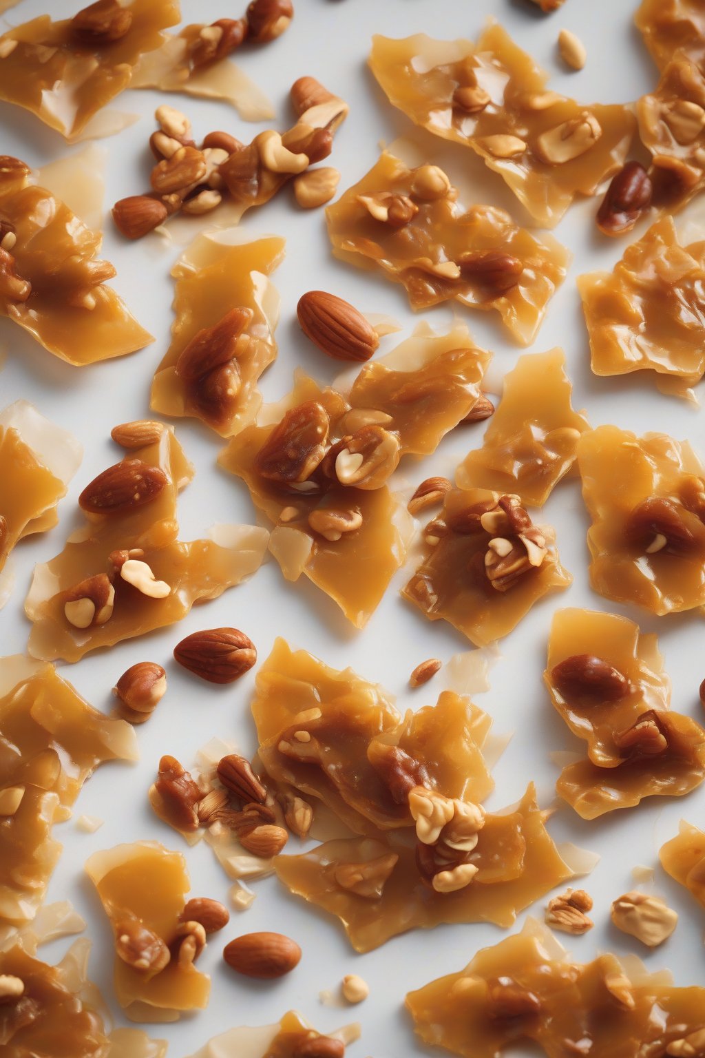 A high-resolution photo of amber maple peanut brittle shards with nut clusters under soft lighting.