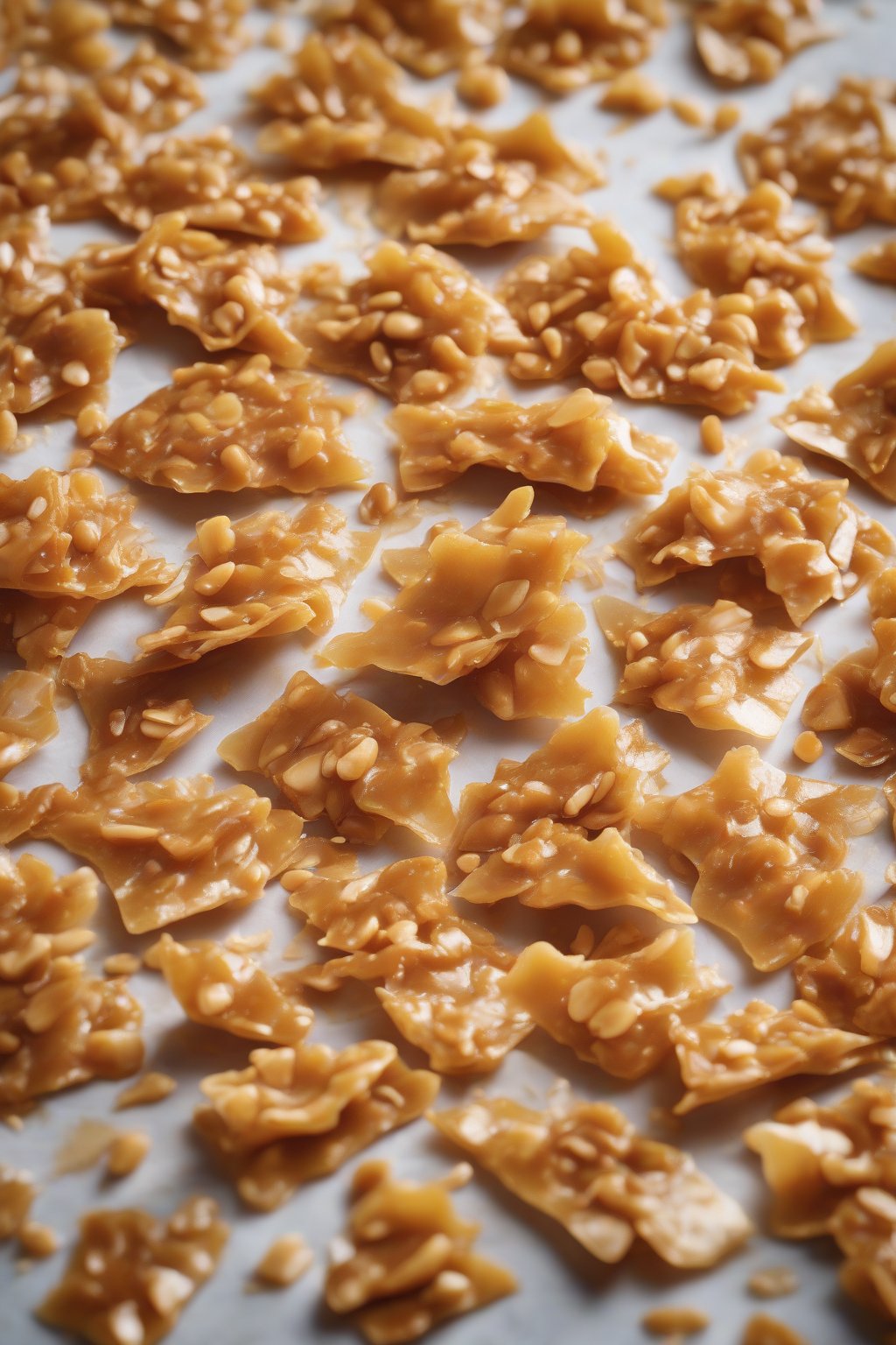 A high-resolution photo of peanut brittle studded with golden coconut shreds under soft lighting.