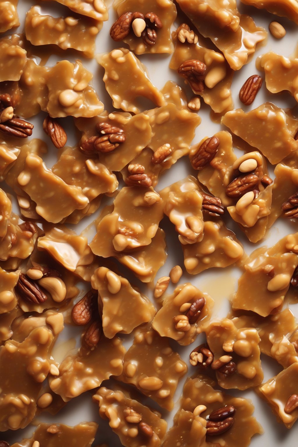 A high-resolution photo of glossy honey-infused peanut brittle with roasted nuts under soft lighting.