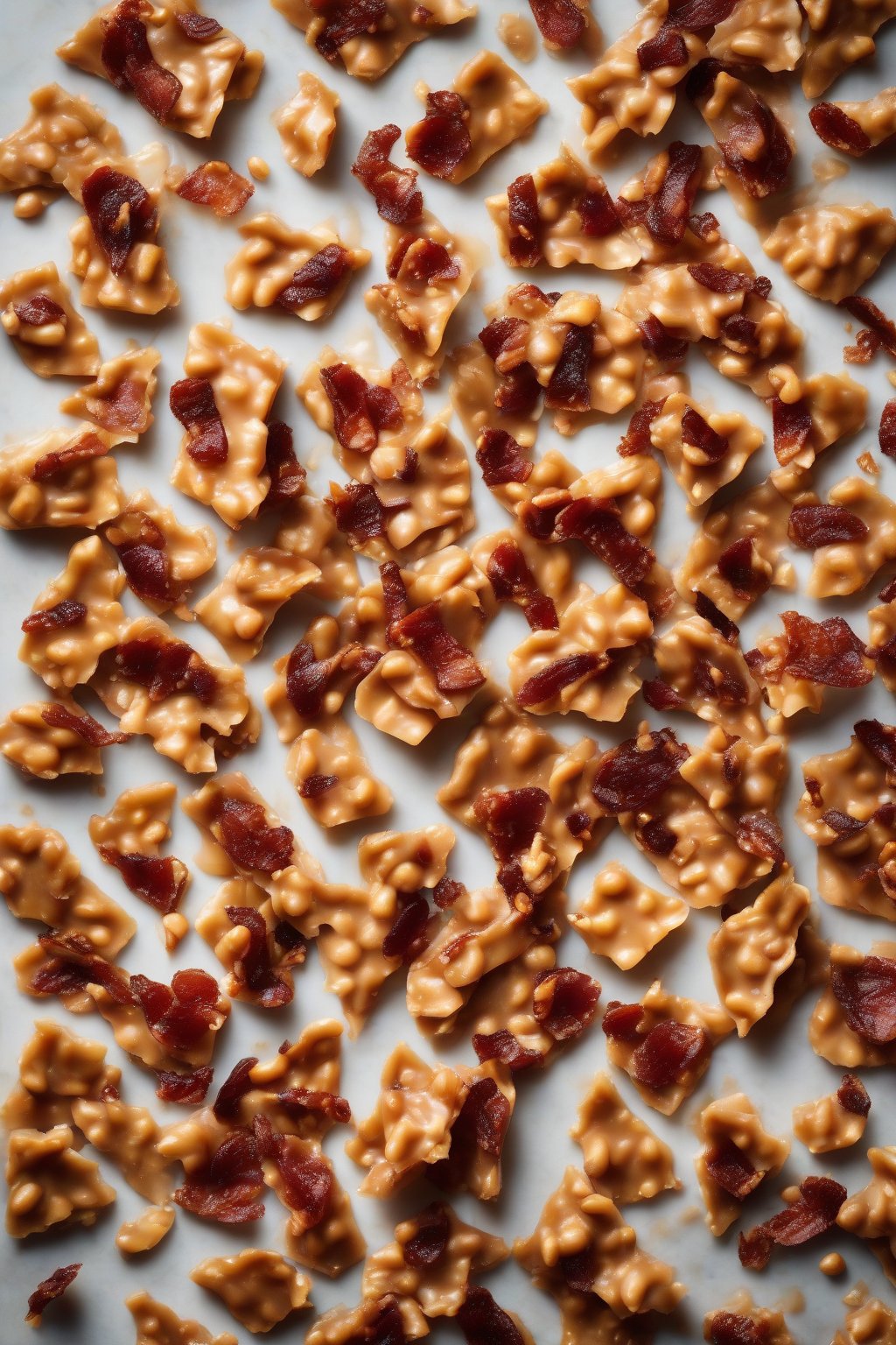 A high-resolution photo of peanut brittle flecked with dark bacon pieces under soft lighting.