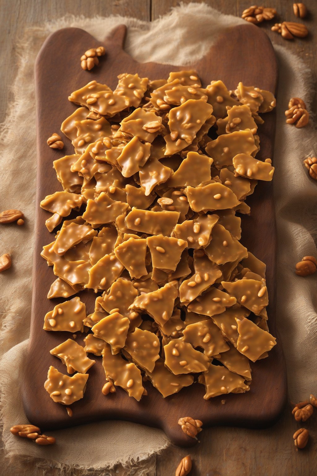 A high-resolution photo of warm-toned pumpkin spice peanut brittle on a wooden board under soft lighting.