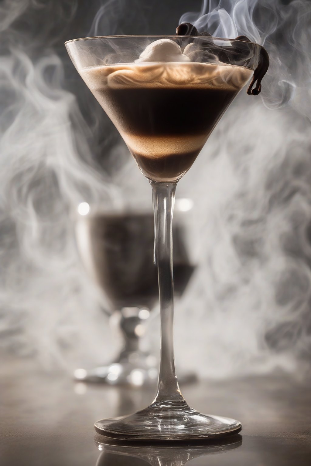 A high-resolution close-up photo of a Smoky Mezcal Inferno Espresso Martini, wisps of smoke rising from the glass, under soft lighting.