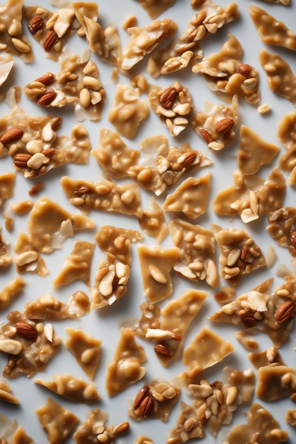 A high-resolution photo of mixed nut peanut-almond brittle shards under soft lighting.