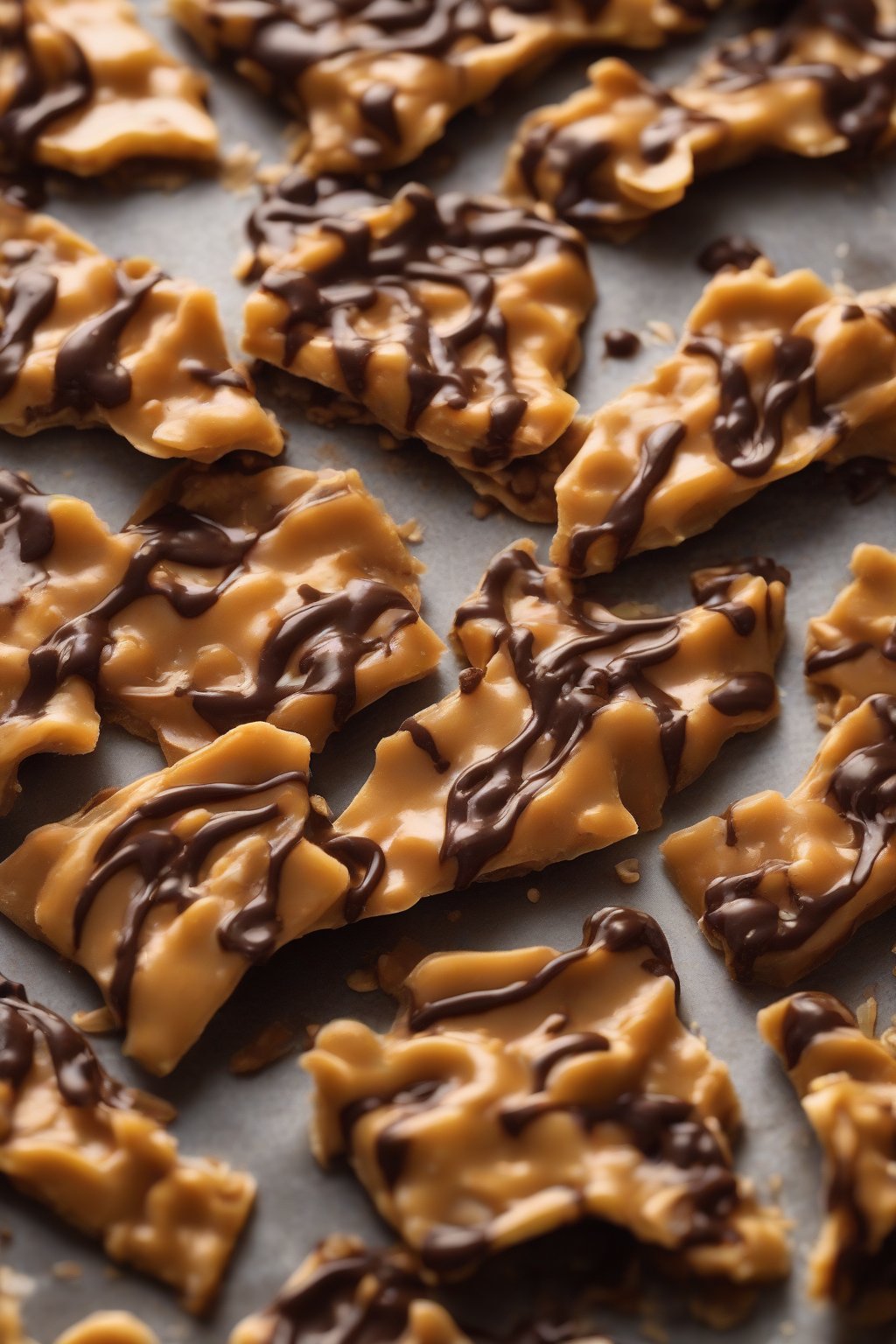 A high-resolution photo of vegan peanut brittle with melted dark chocolate swirls under soft lighting.