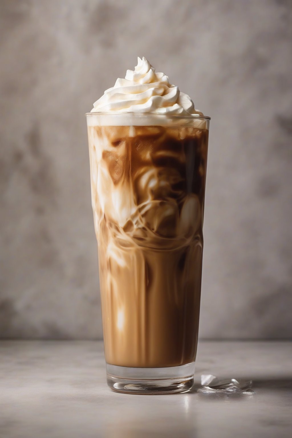 A close-up photo of a tall glass of vanilla iced coffee topped with whipped cream under soft lighting.