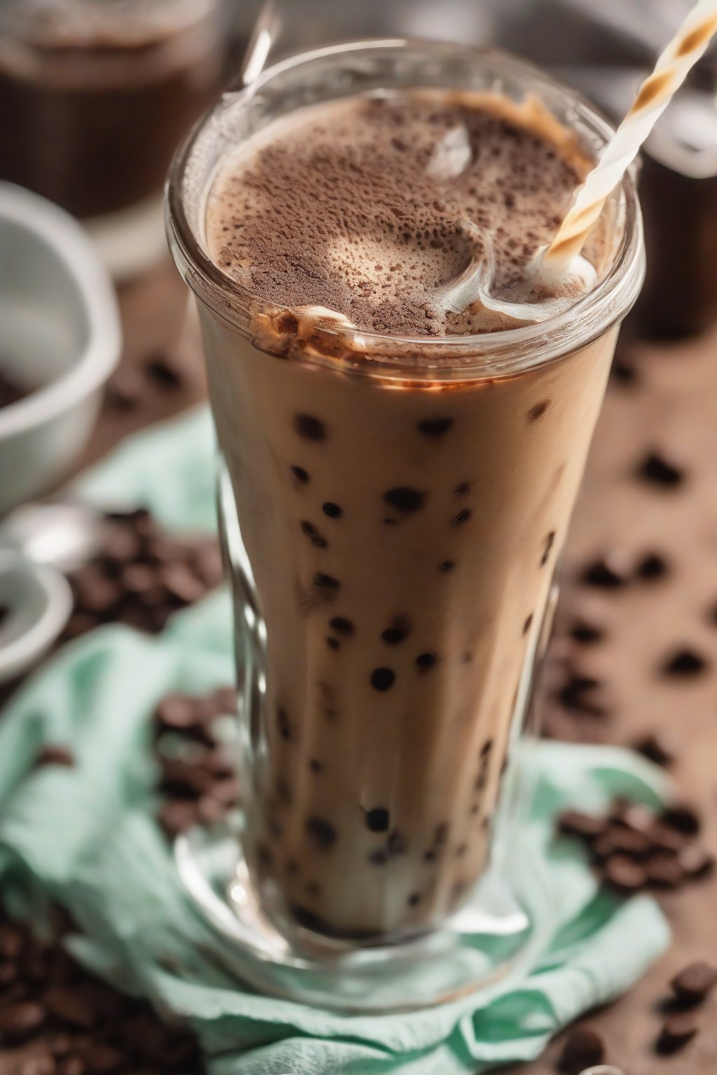 A close-up photo of mocha mint iced coffee with visible mint flecks and cocoa dust under soft lighting.